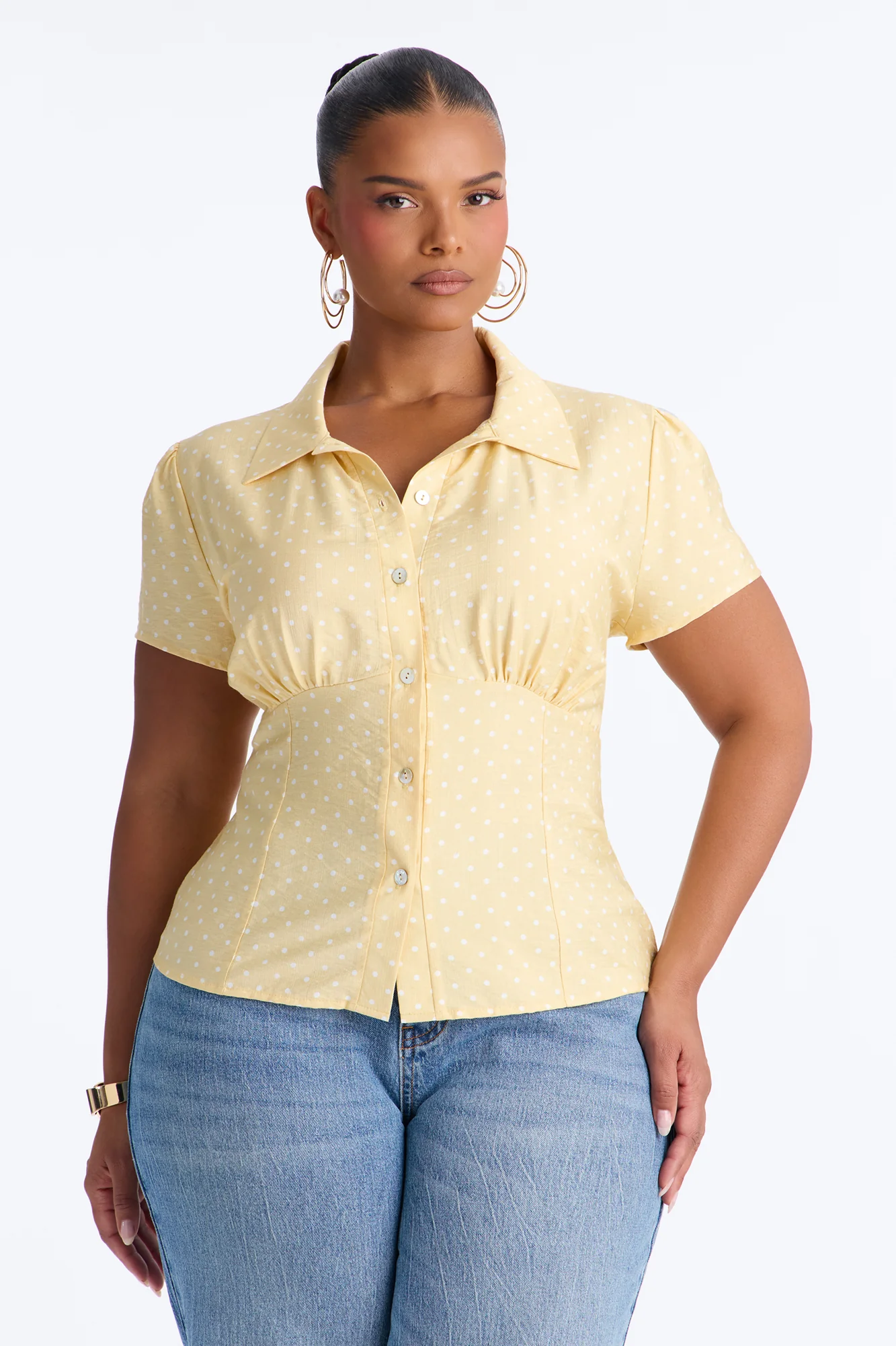 Fresh Season Polka Dot Linen Shirt - Yellow/combo - Image 5