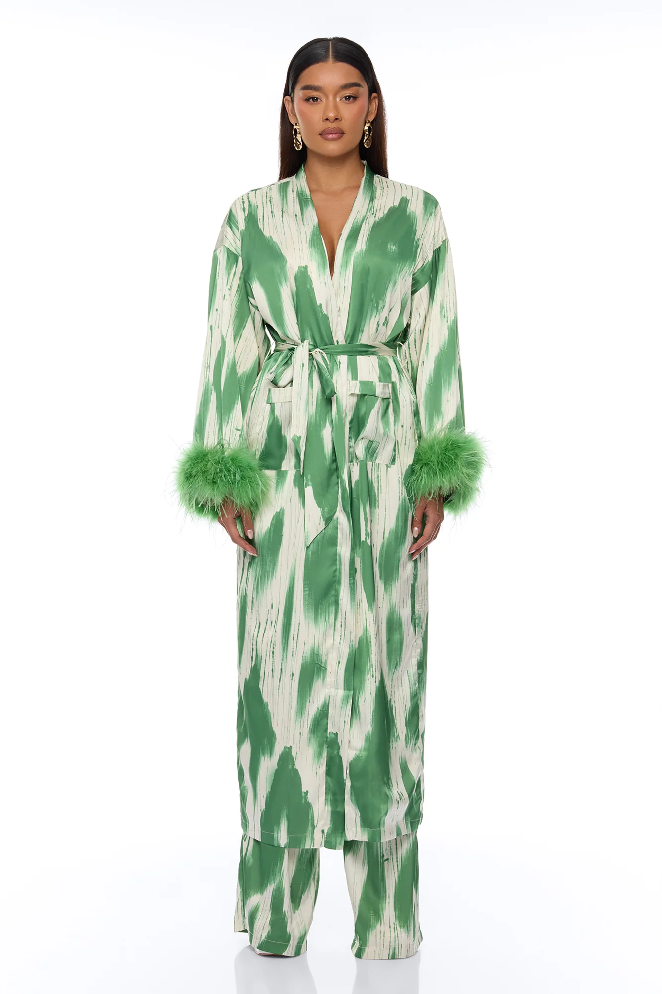 Freya Feathered Satin Kimono Pant 2 Piece Set - Green/combo