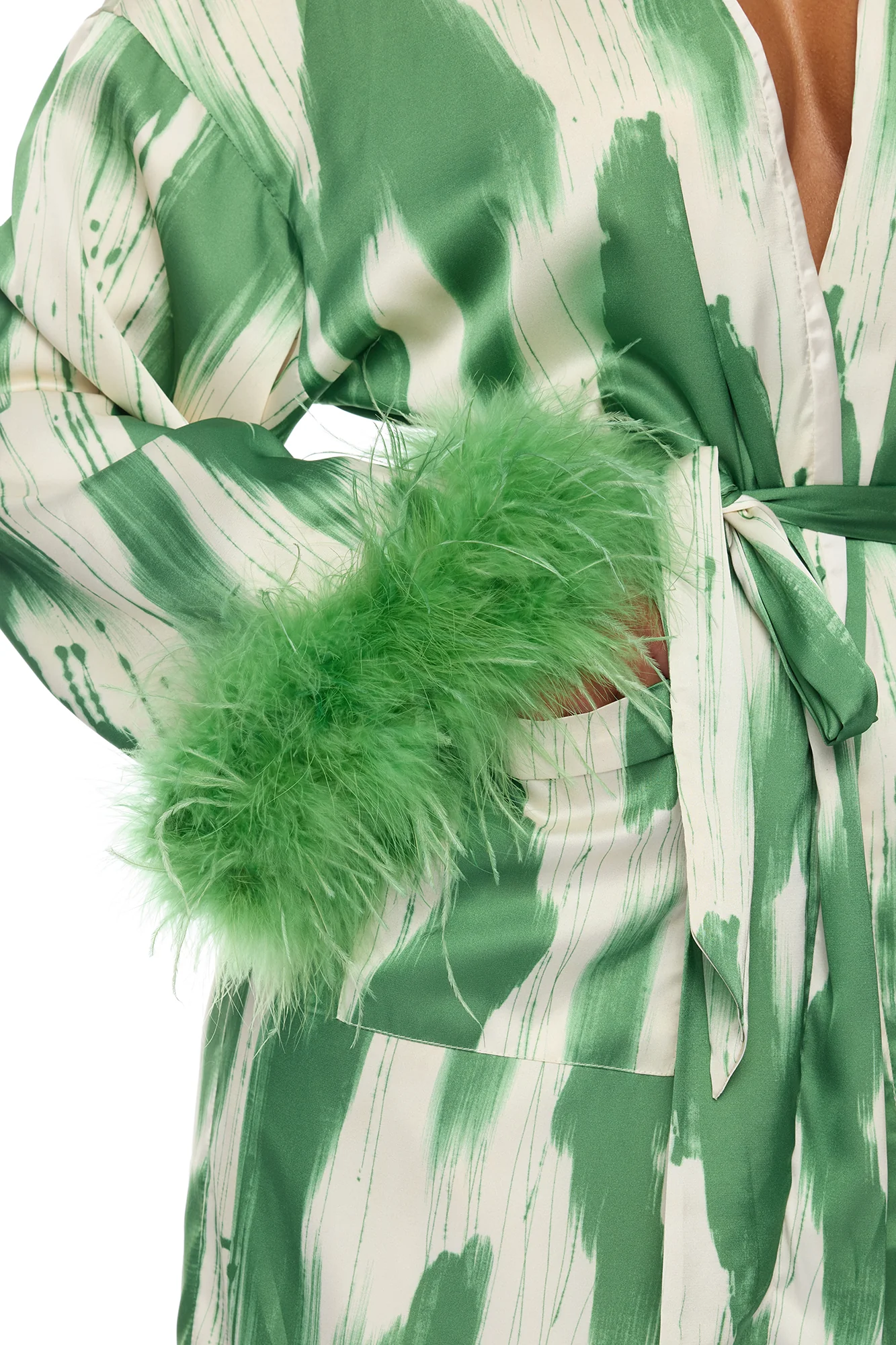 Freya Feathered Satin Kimono Pant 2 Piece Set - Green/combo - Image 3