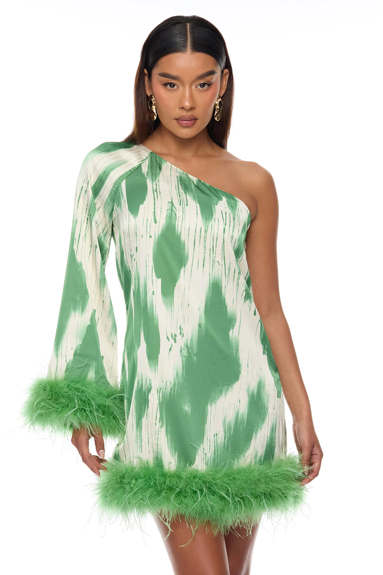 Freya Feathered Satin Mini Dress - Green/combo
