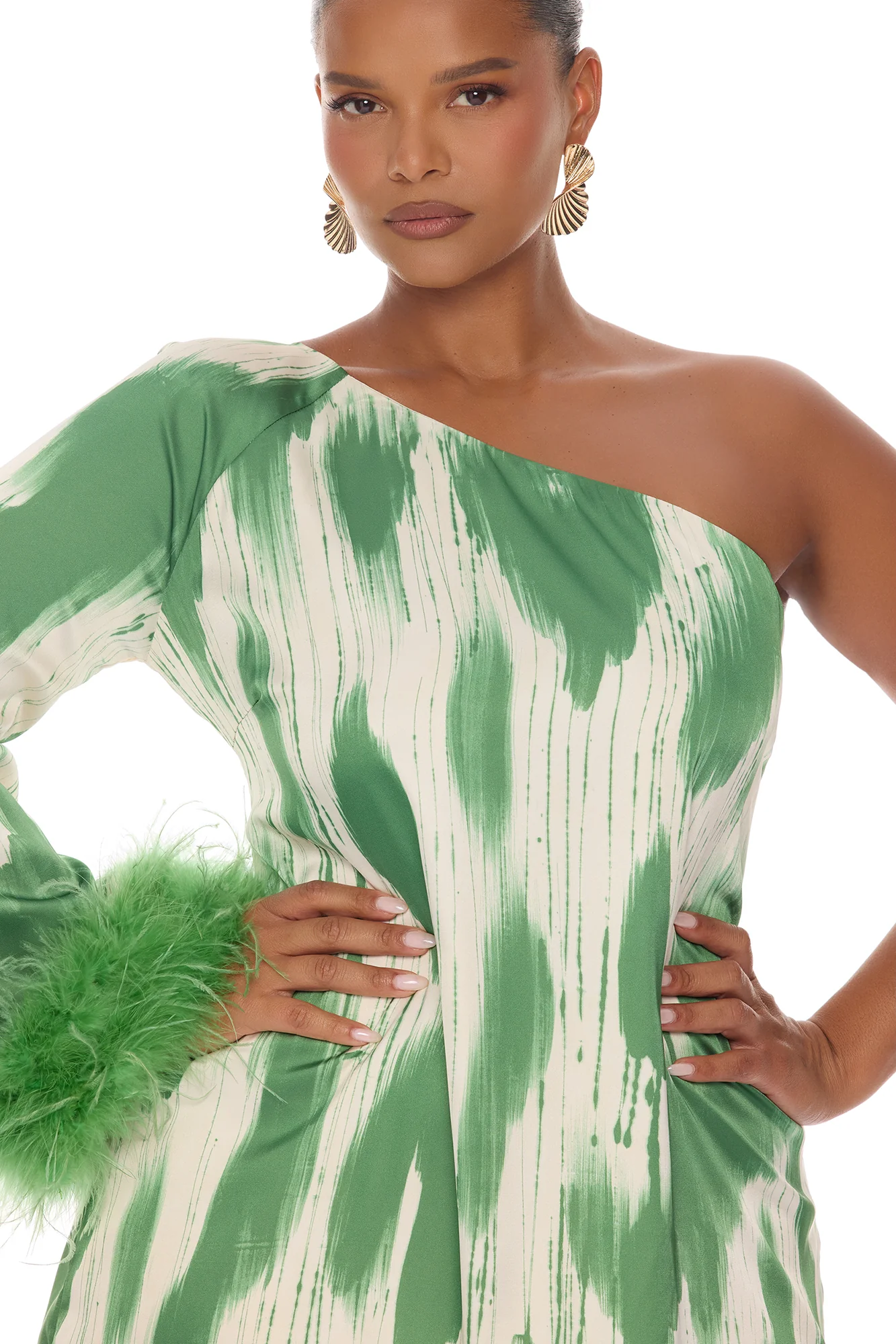 Freya Feathered Satin Mini Dress - Green/combo - Image 7