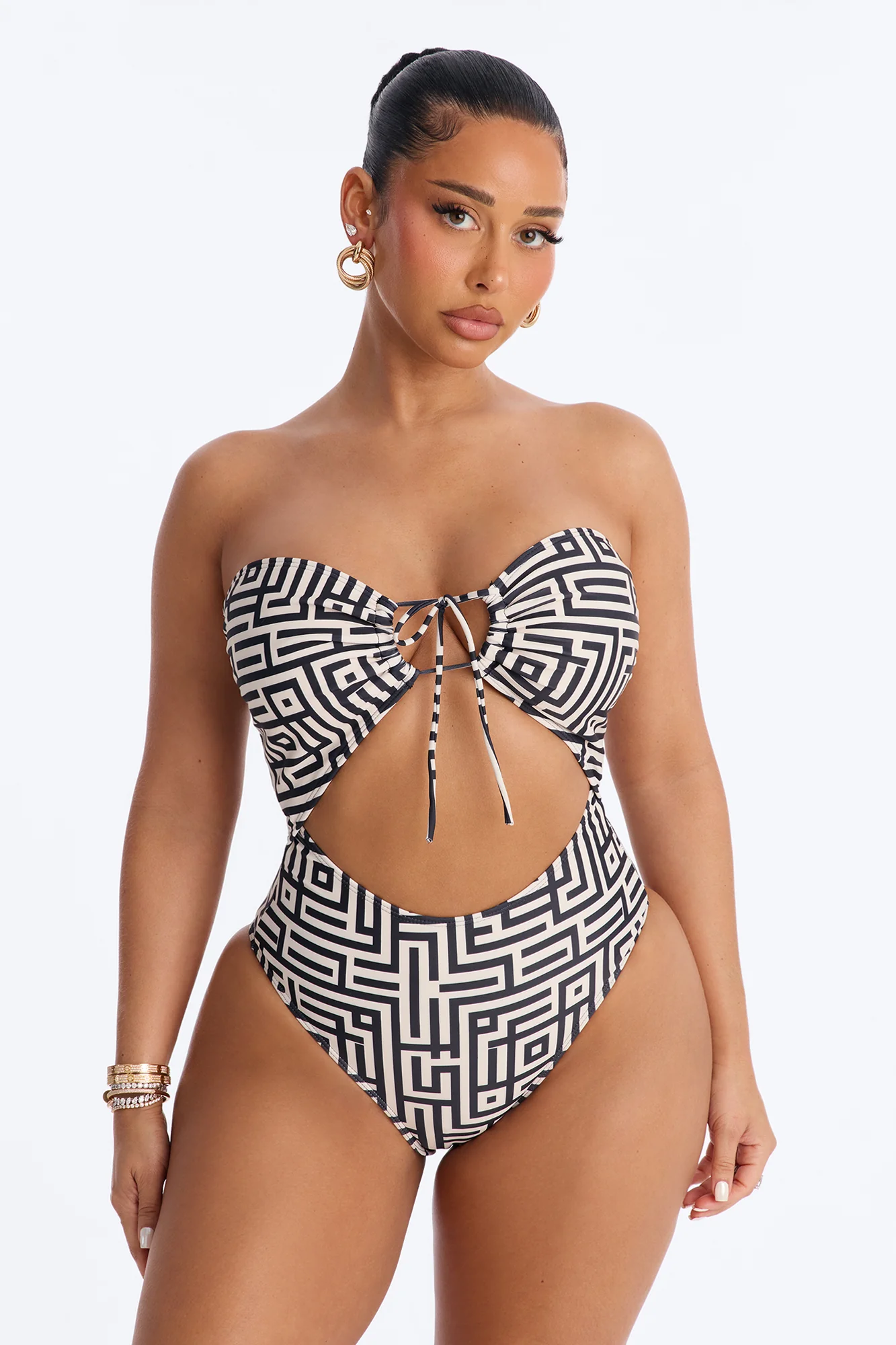 Frida 1 Piece Geometric Print Strapless Swimsuit & Cover Up Mini Skirt - Black/White - Image 2