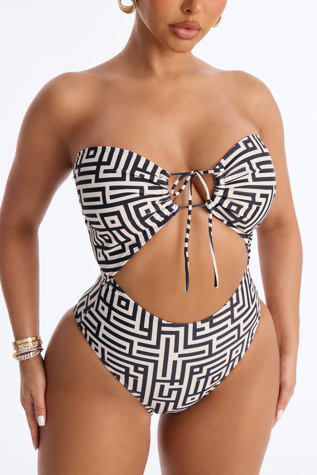 Frida 1 Piece Geometric Print Strapless Swimsuit & Cover Up Mini Skirt - Black/White - Image 3