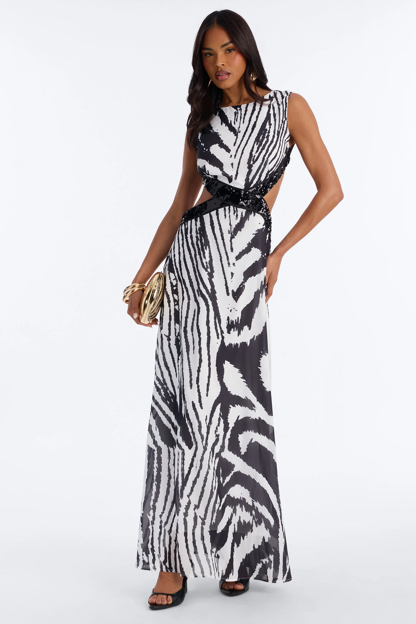 Full Effect Cut Out Chiffon Maxi Dress - Black/White