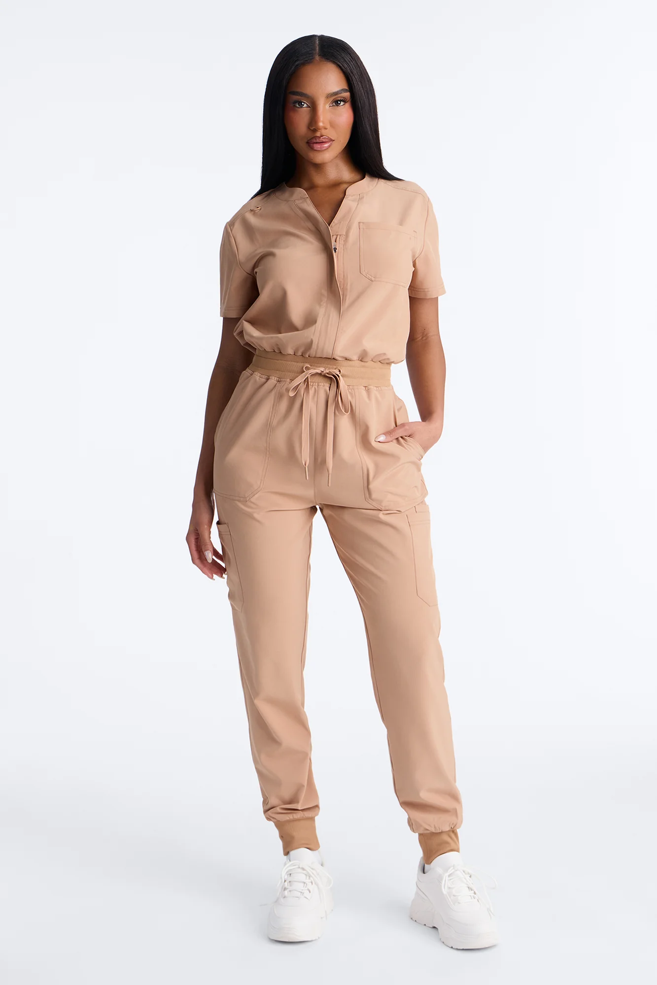 Full Shift Stretch Jogger Scrub Uniform Jumpsuit - Mocha