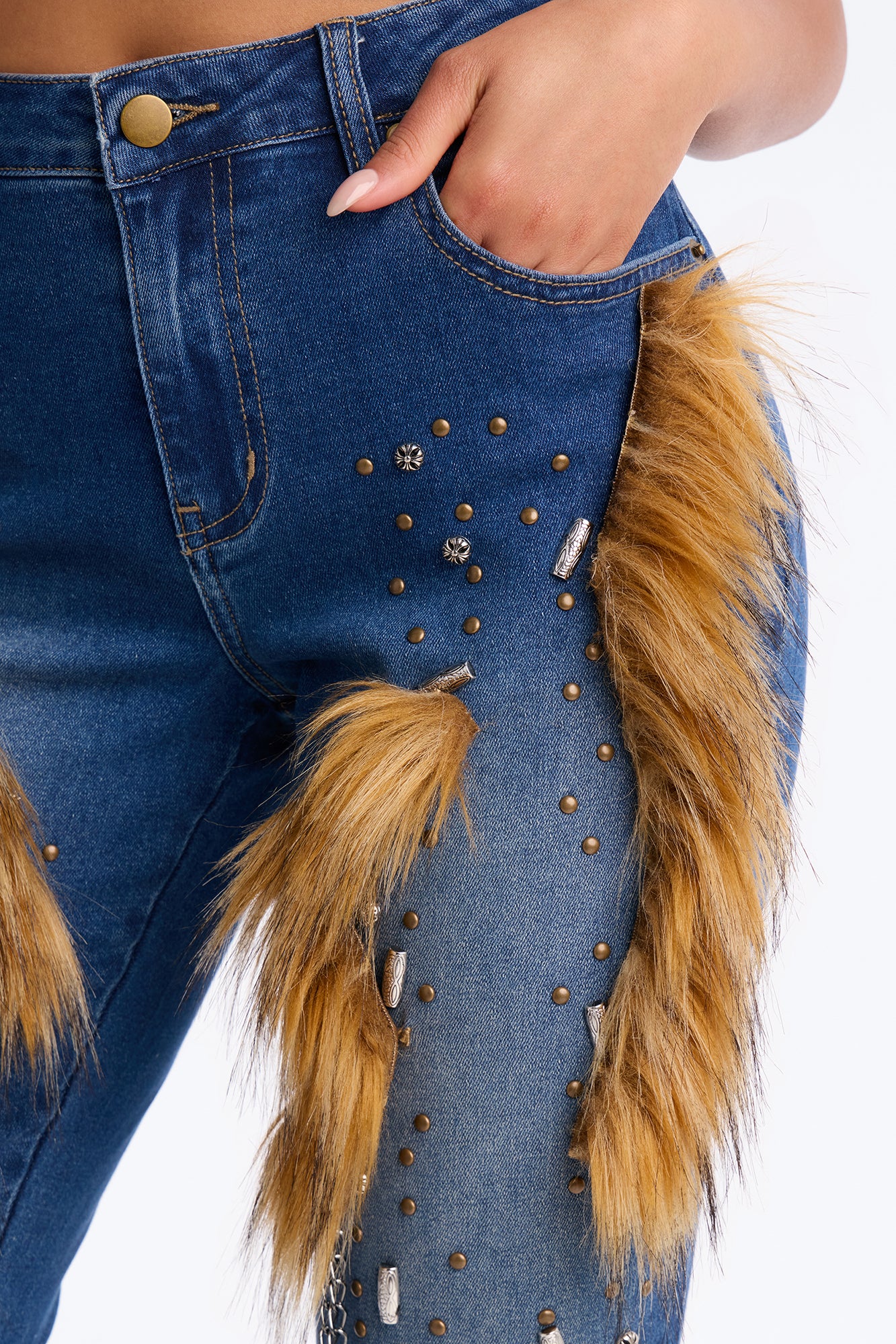 Fur Studded Embellished Bootcut Jean - Vintage Wash - Image 3