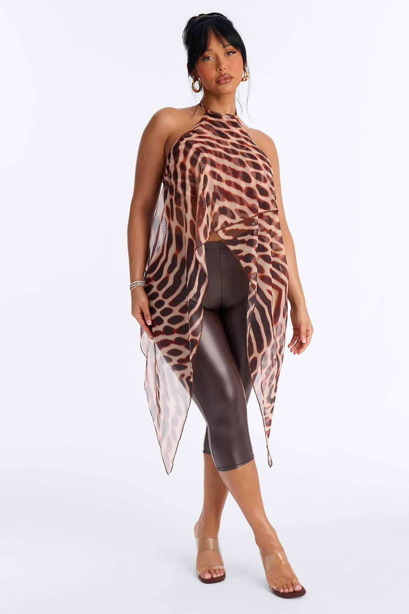 Gabriella Abstract Long Mesh Halter Top - Brown/combo