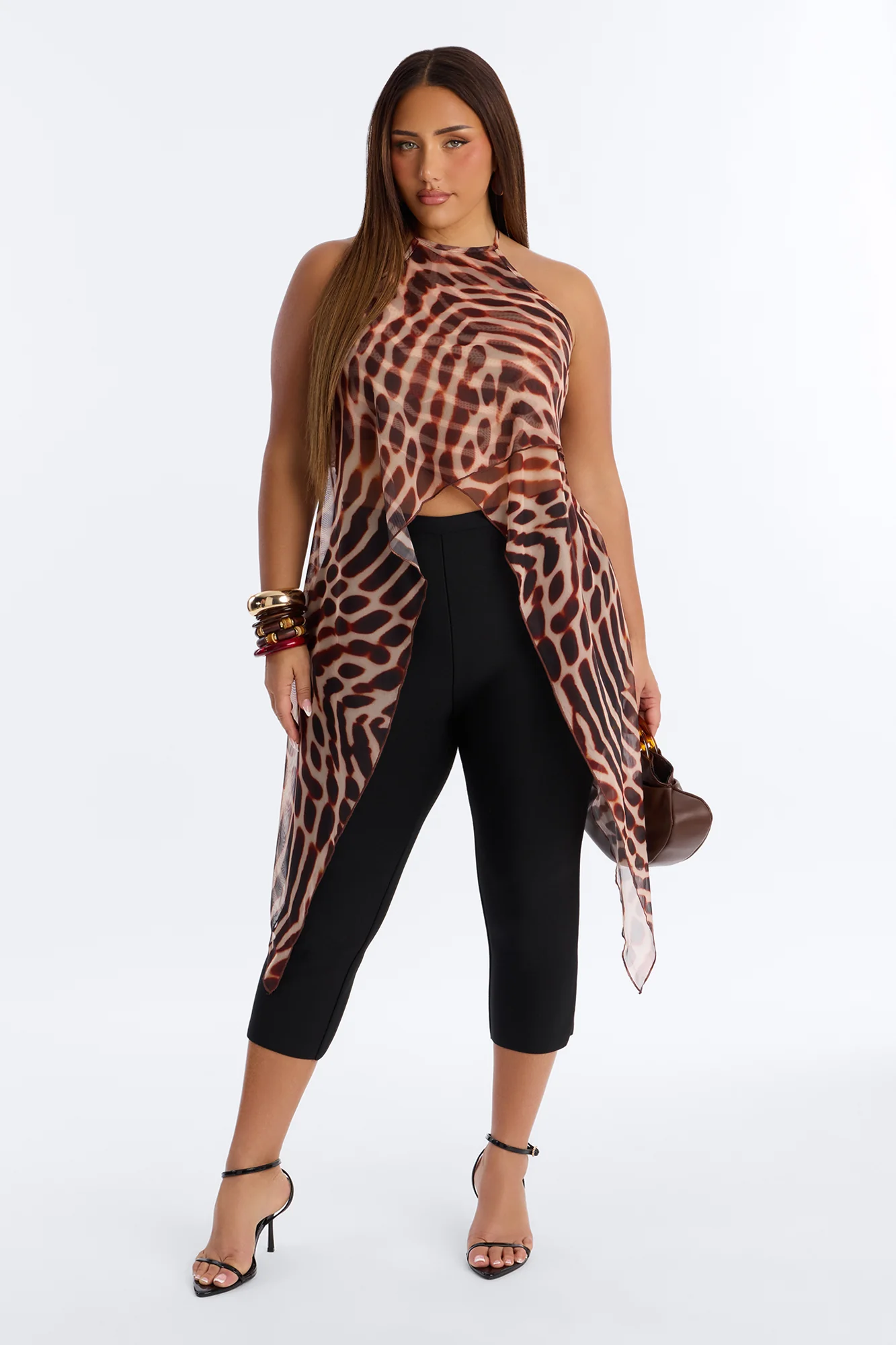 Gabriella Abstract Long Mesh Halter Top - Brown/combo - Image 5