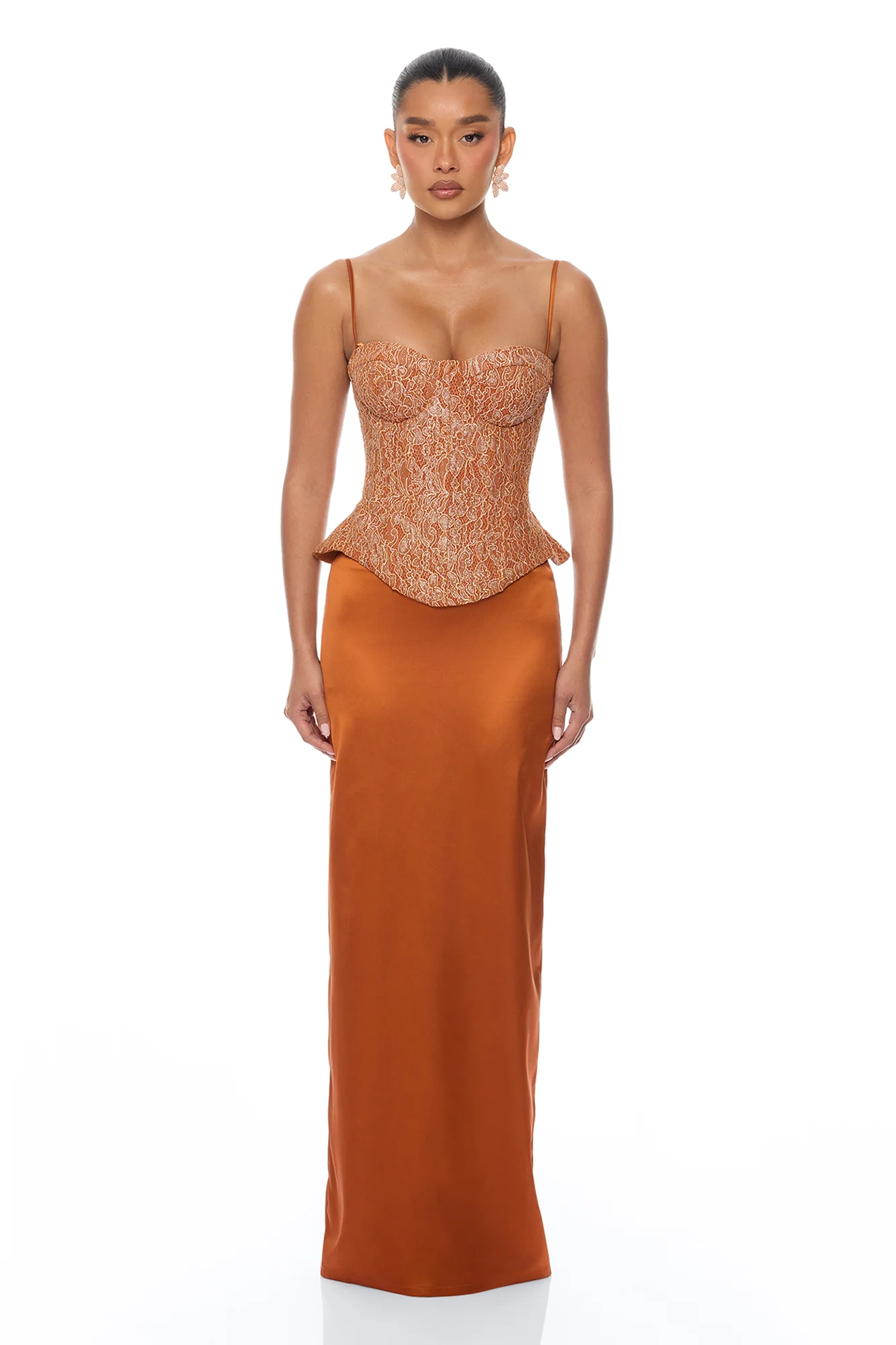 Gabriella Glitter Corset Satin Skirt Set - Copper