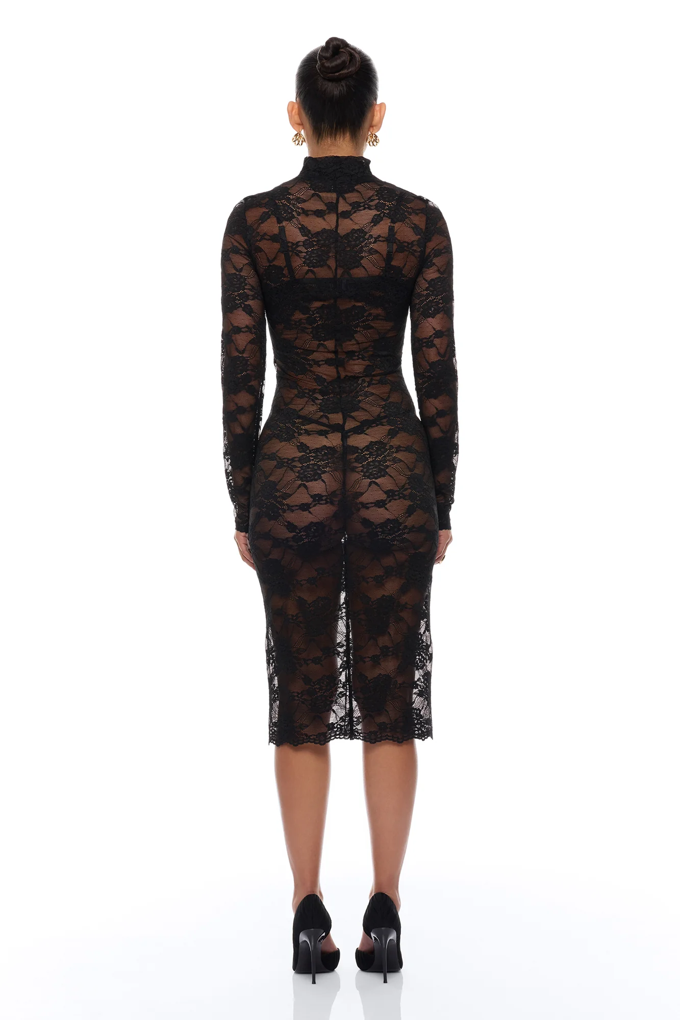 Gabriette Sheer Lace Midi Dress - Black - Image 4