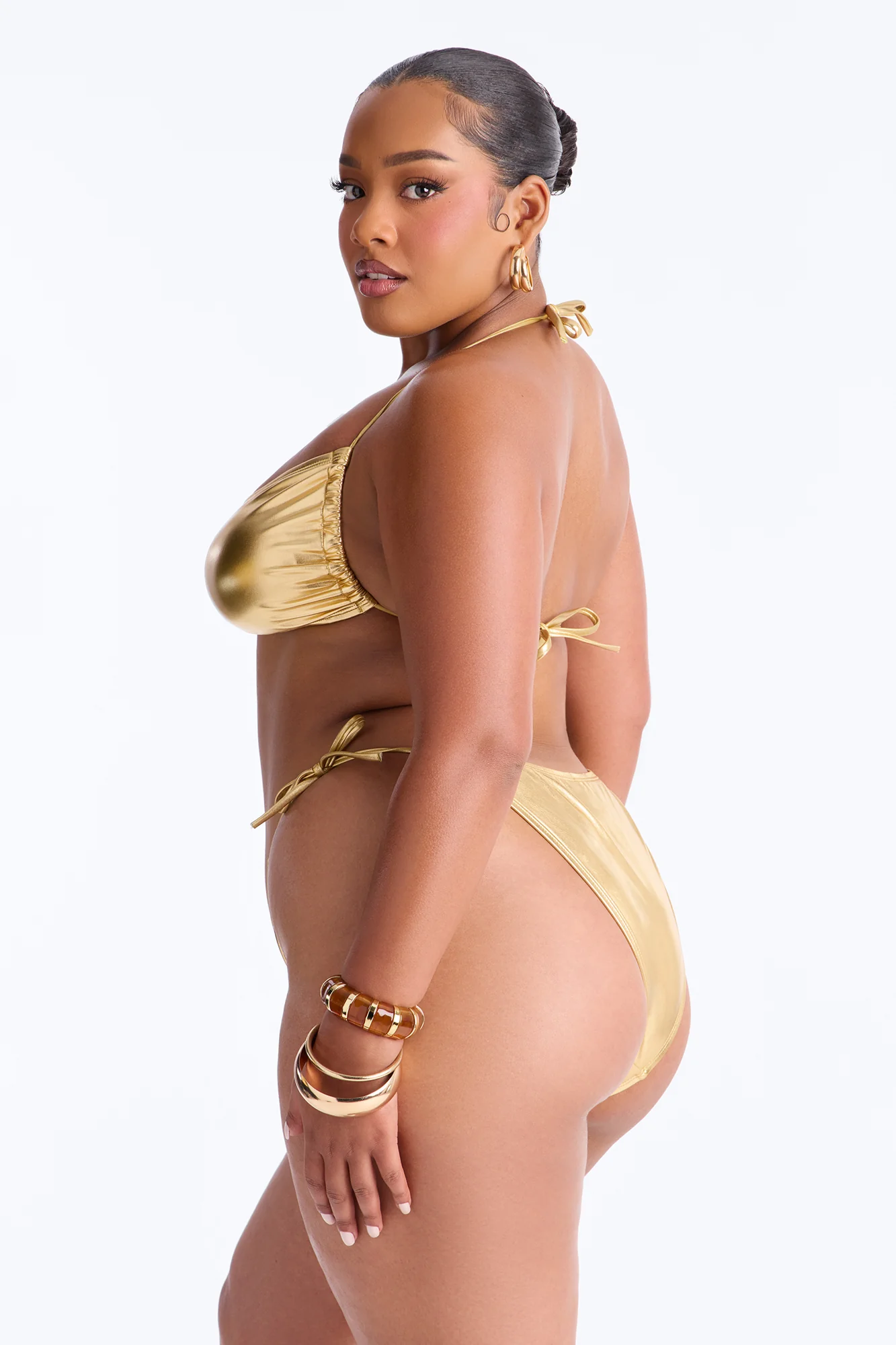 Gaia 3 Piece Metallic Bandeau Bikini & Skirt Set - Gold - Image 8