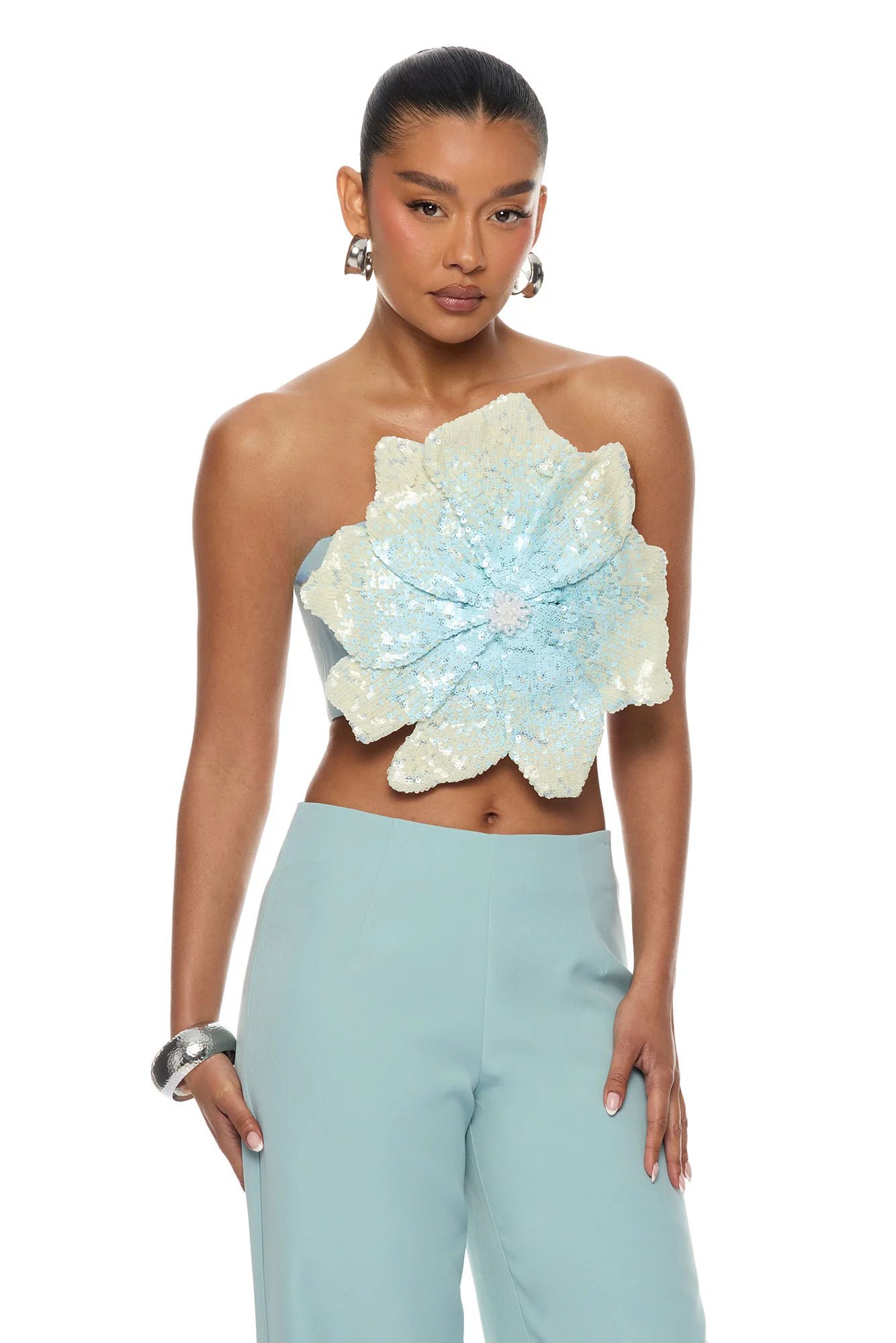 Garden Bloom Embellished Pant Set - Dusty Blue
