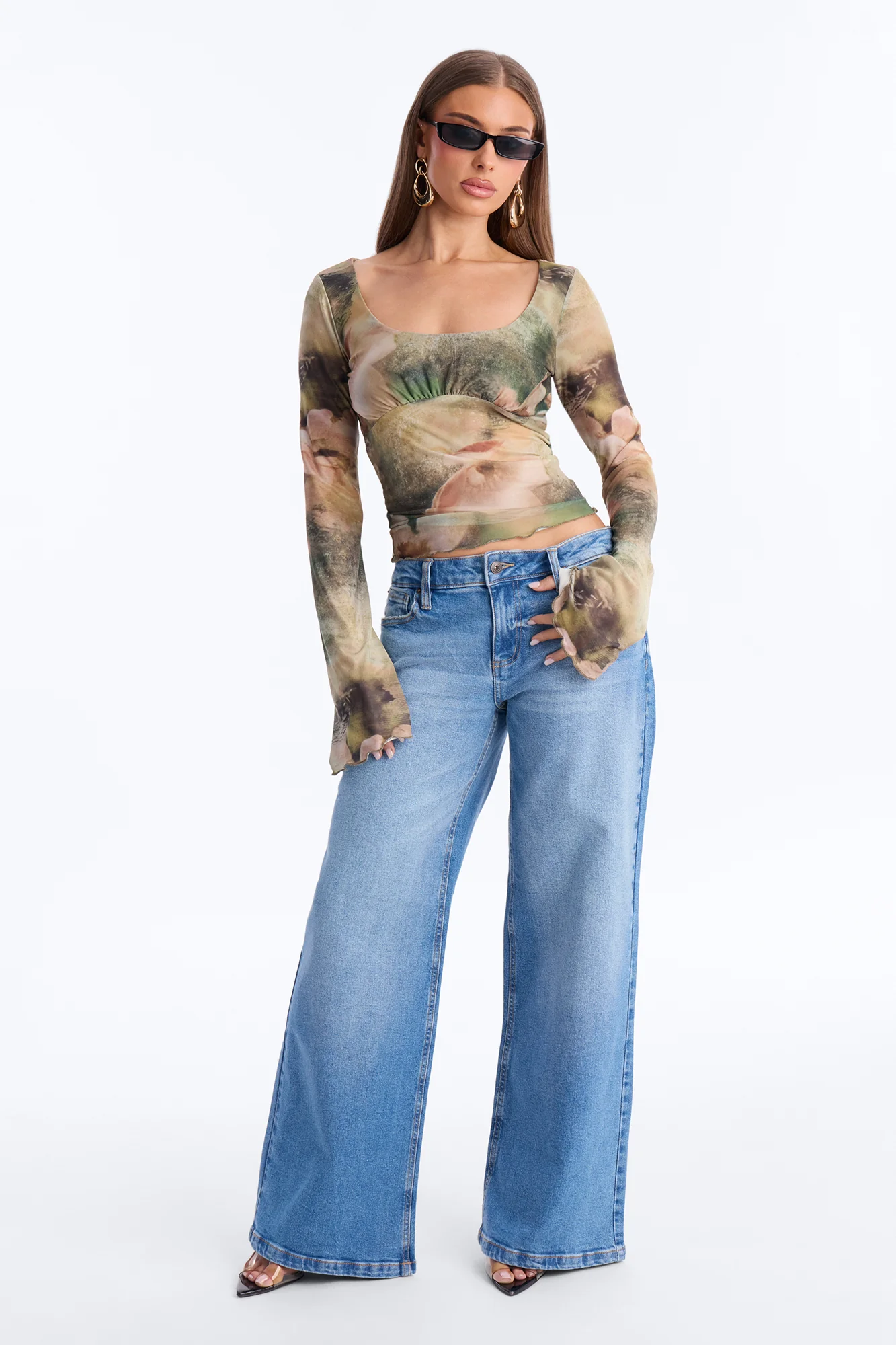 Garden Kiss Mesh Scoop Neck Long Sleeve Top - Green/combo - Image 2