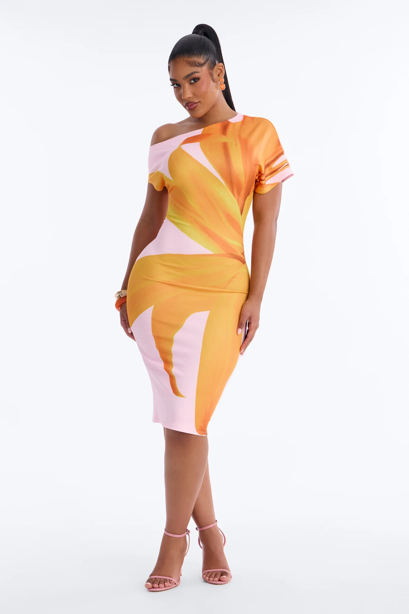 Gardenia One Shoulder Floral Midi Dress - Orange/combo