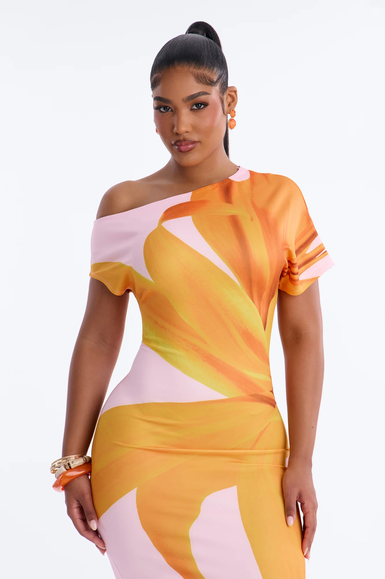 Gardenia One Shoulder Floral Midi Dress - Orange/combo - Image 2