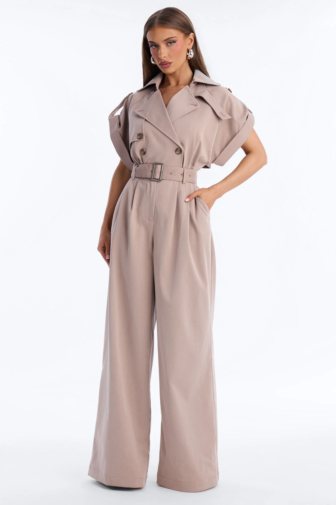 Gayle Belted Trench Jumpsuit - Mocha