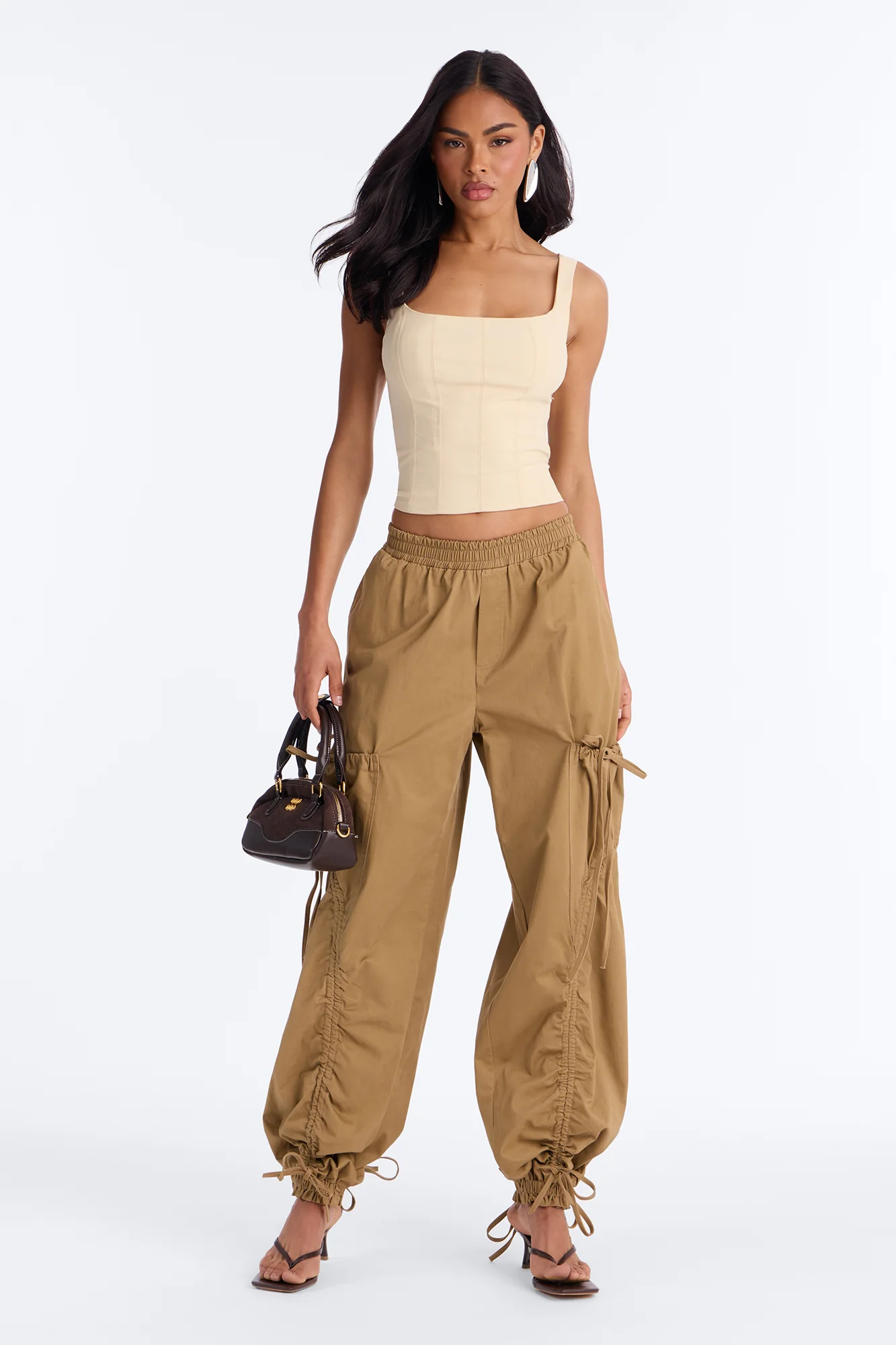 Gemma Low Rise Ruched Jogger Cargo Pant 30″ - Camel - Image 2