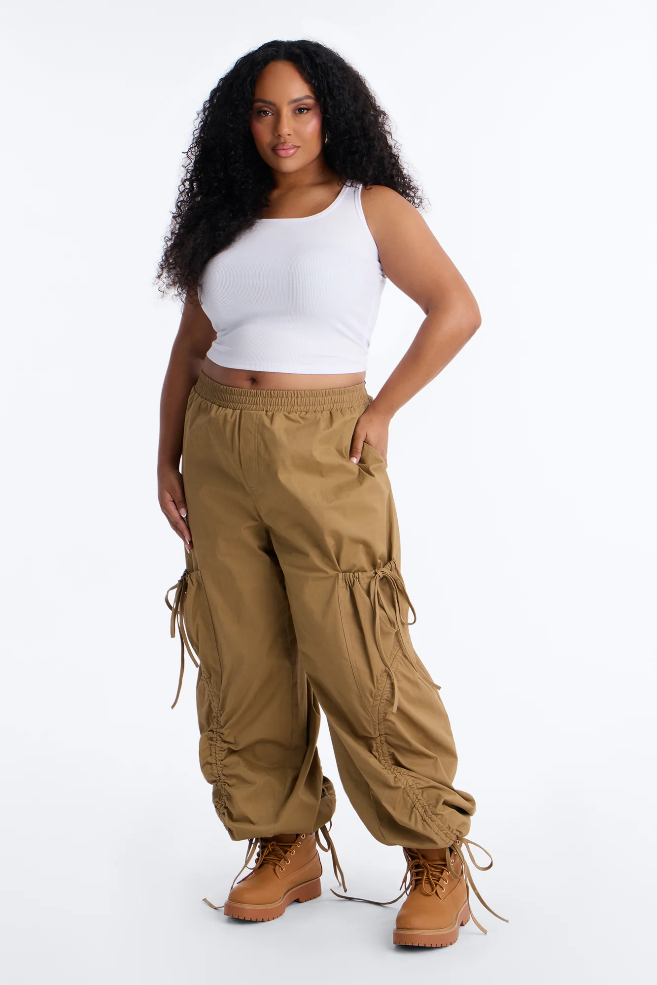 Gemma Low Rise Ruched Jogger Cargo Pant 30″ - Camel - Image 6