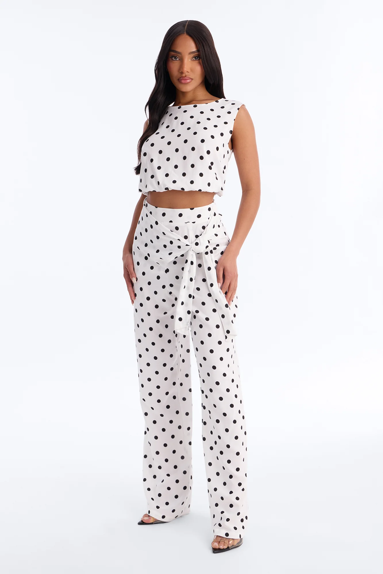 Gemma Polka Dot Wide Leg Pant Set - White/Black