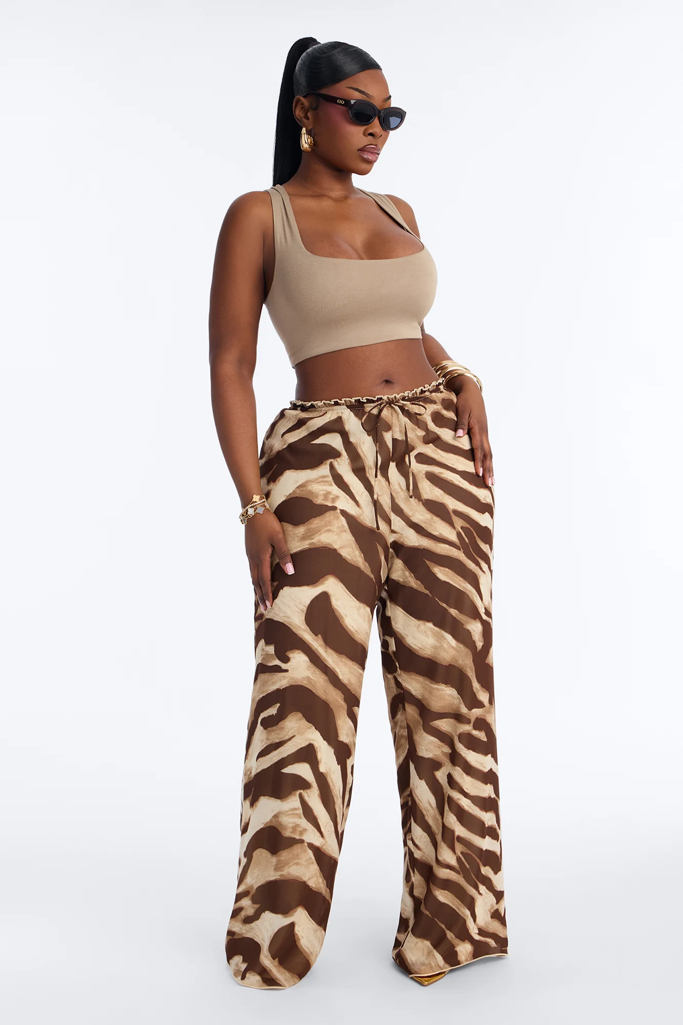 Geneva Wide Leg Drawstring Pant - Brown Combo - Image 5