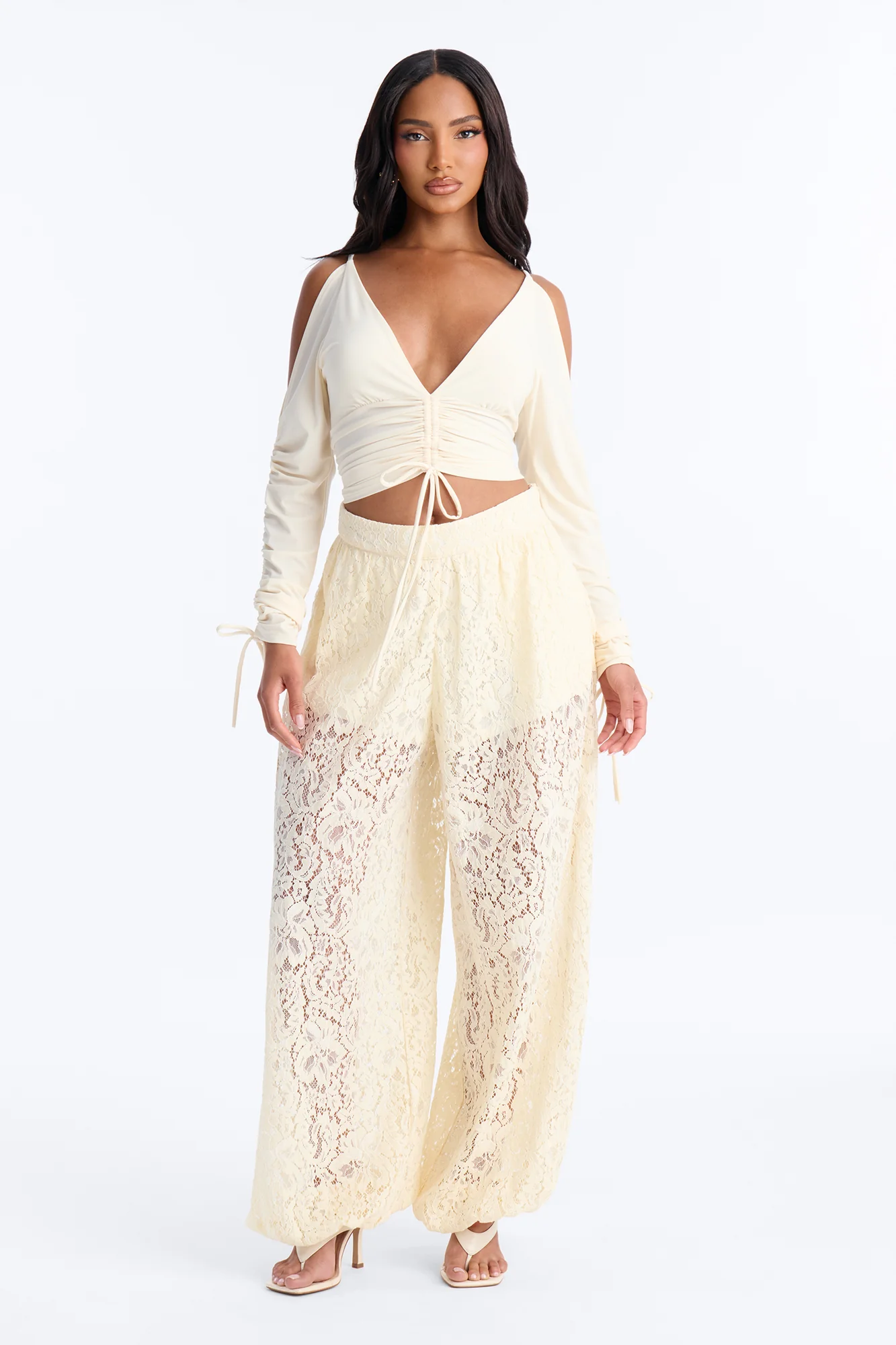 Genevieve Ruched Cold Shoulder Long Sleeve Top - Cream - Image 2