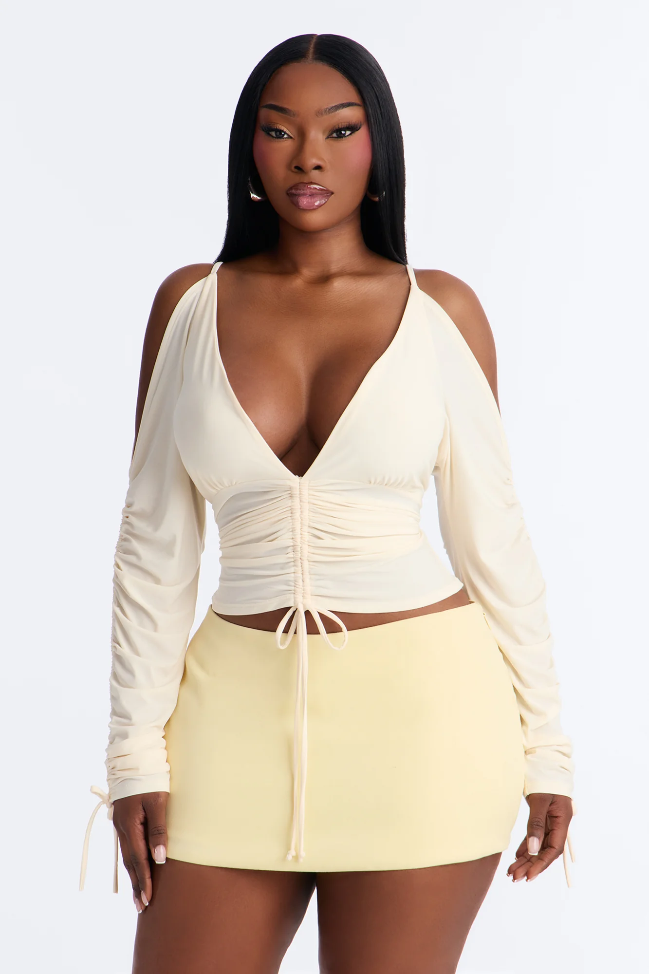 Genevieve Ruched Cold Shoulder Long Sleeve Top - Cream - Image 5