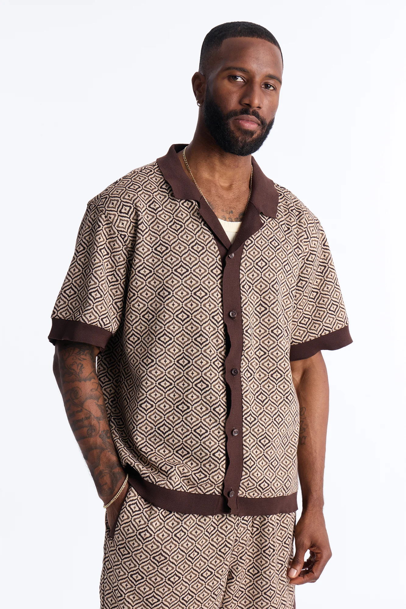 Geometric Jewel Jacquard Button Up Shirt - Brown