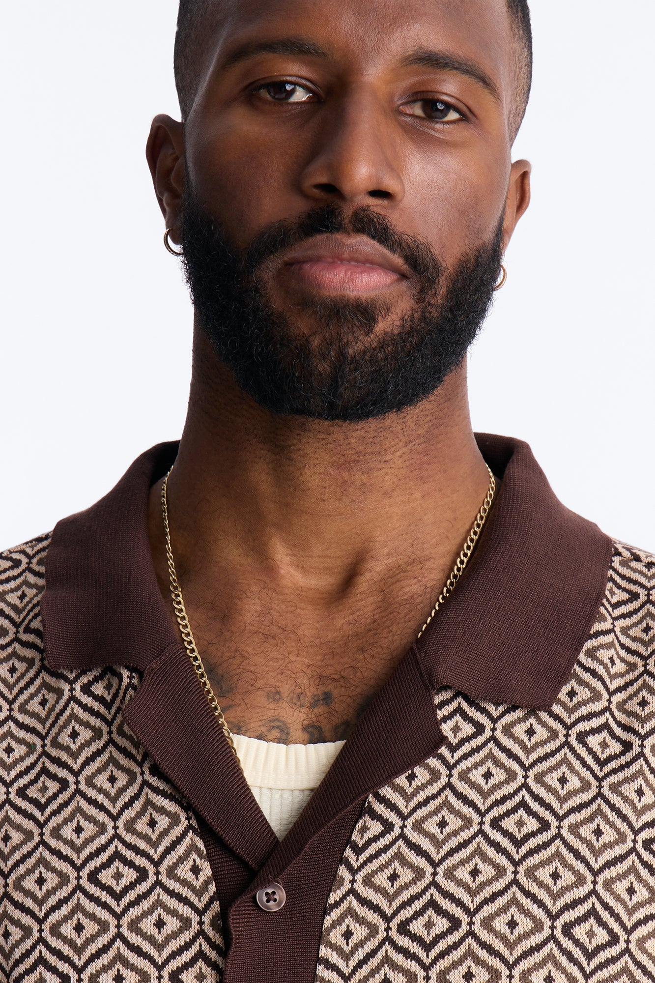 Geometric Jewel Jacquard Button Up Shirt - Brown - Image 4