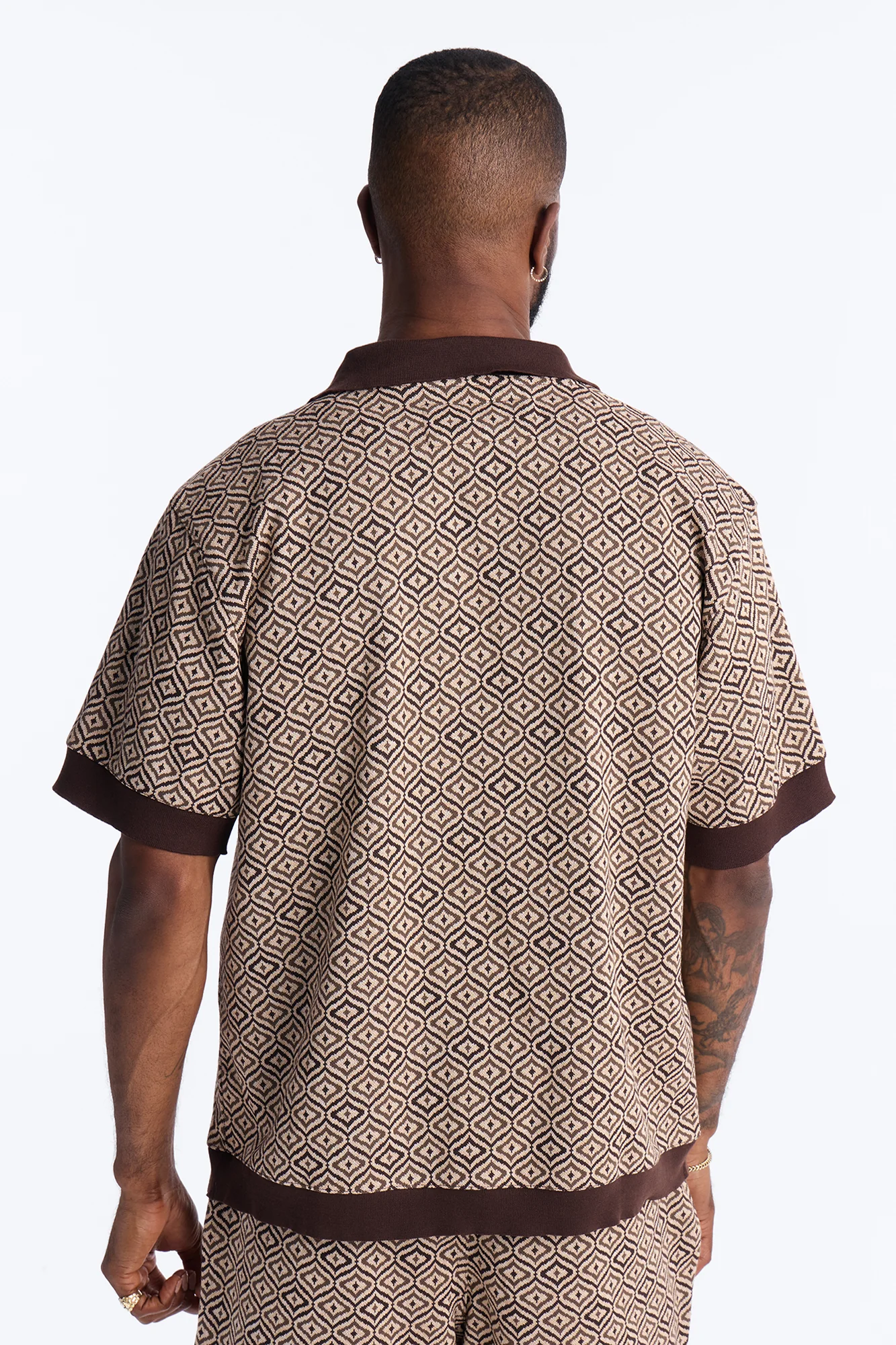 Geometric Jewel Jacquard Button Up Shirt - Brown - Image 5