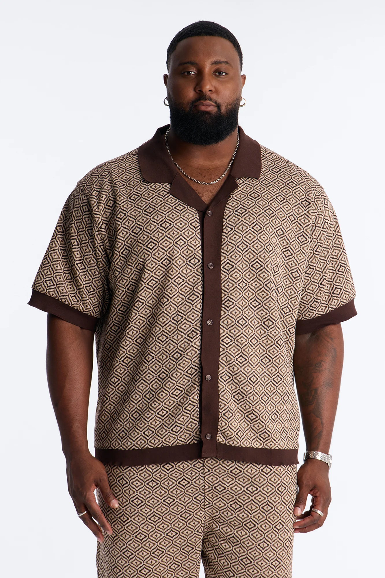 Geometric Jewel Jacquard Button Up Shirt - Brown - Image 6