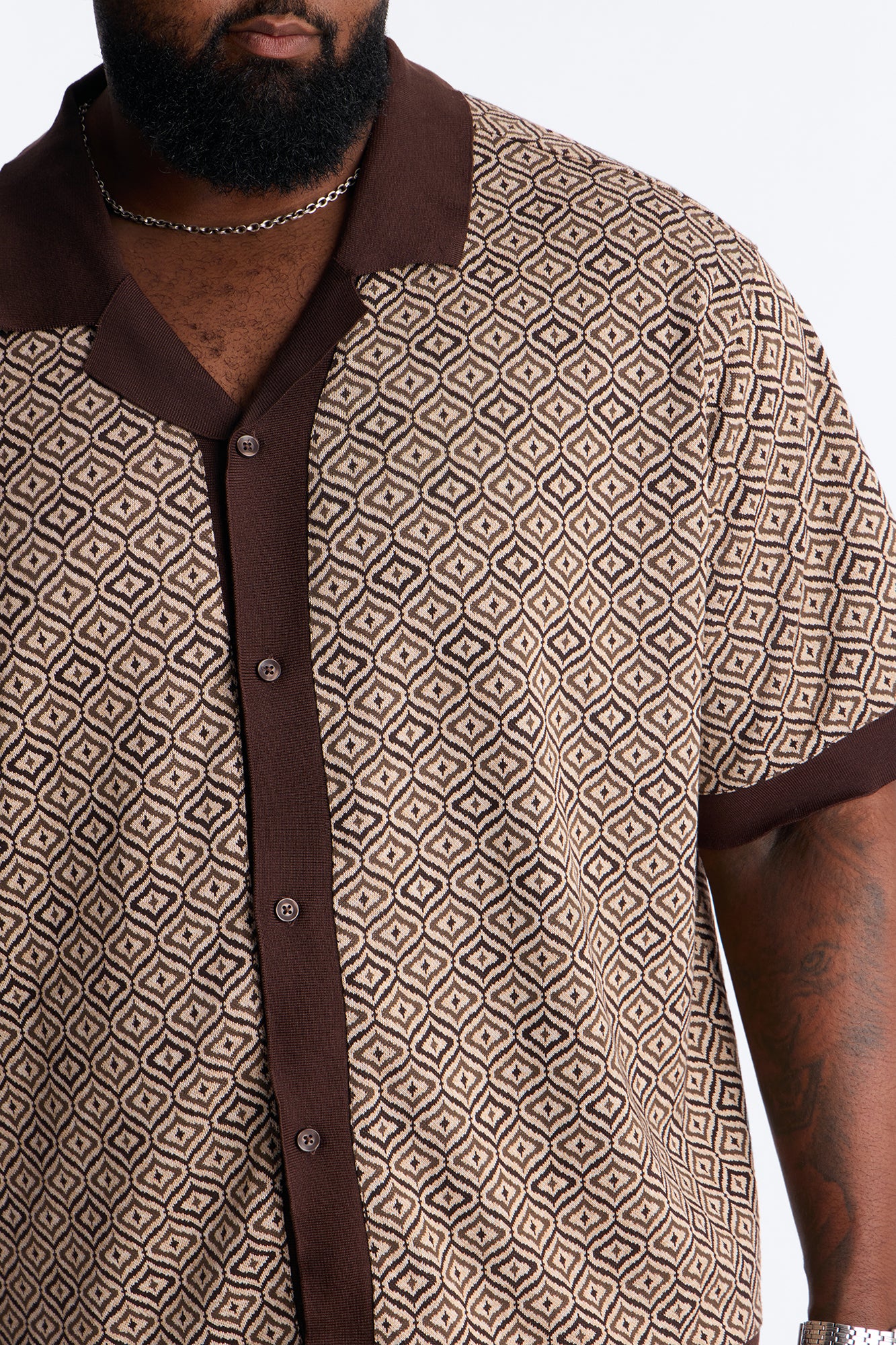 Geometric Jewel Jacquard Button Up Shirt - Brown - Image 8