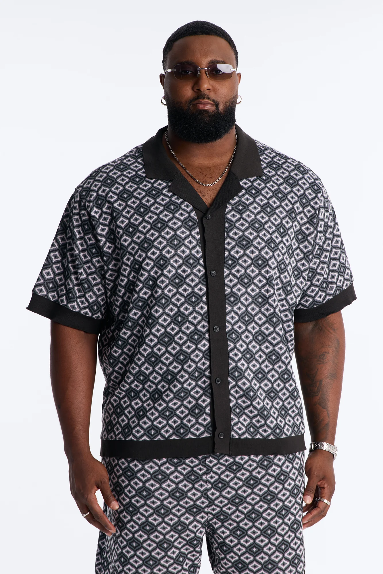 Geometric Jewel Jacquard Button Up Shirt - Grey - Image 4