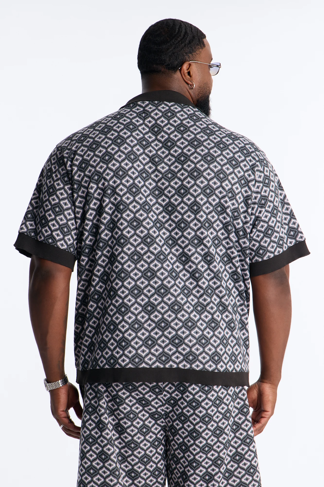 Geometric Jewel Jacquard Button Up Shirt - Grey - Image 7