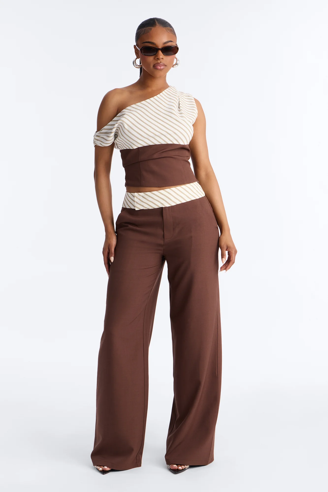 Georgia Striped Off The Shoulder Pant Set - Brown