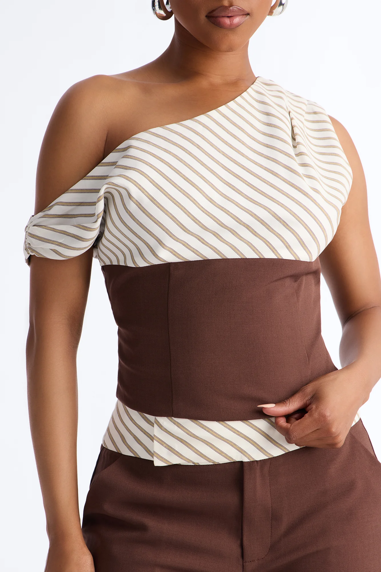 Georgia Striped Off The Shoulder Pant Set - Brown - Image 3