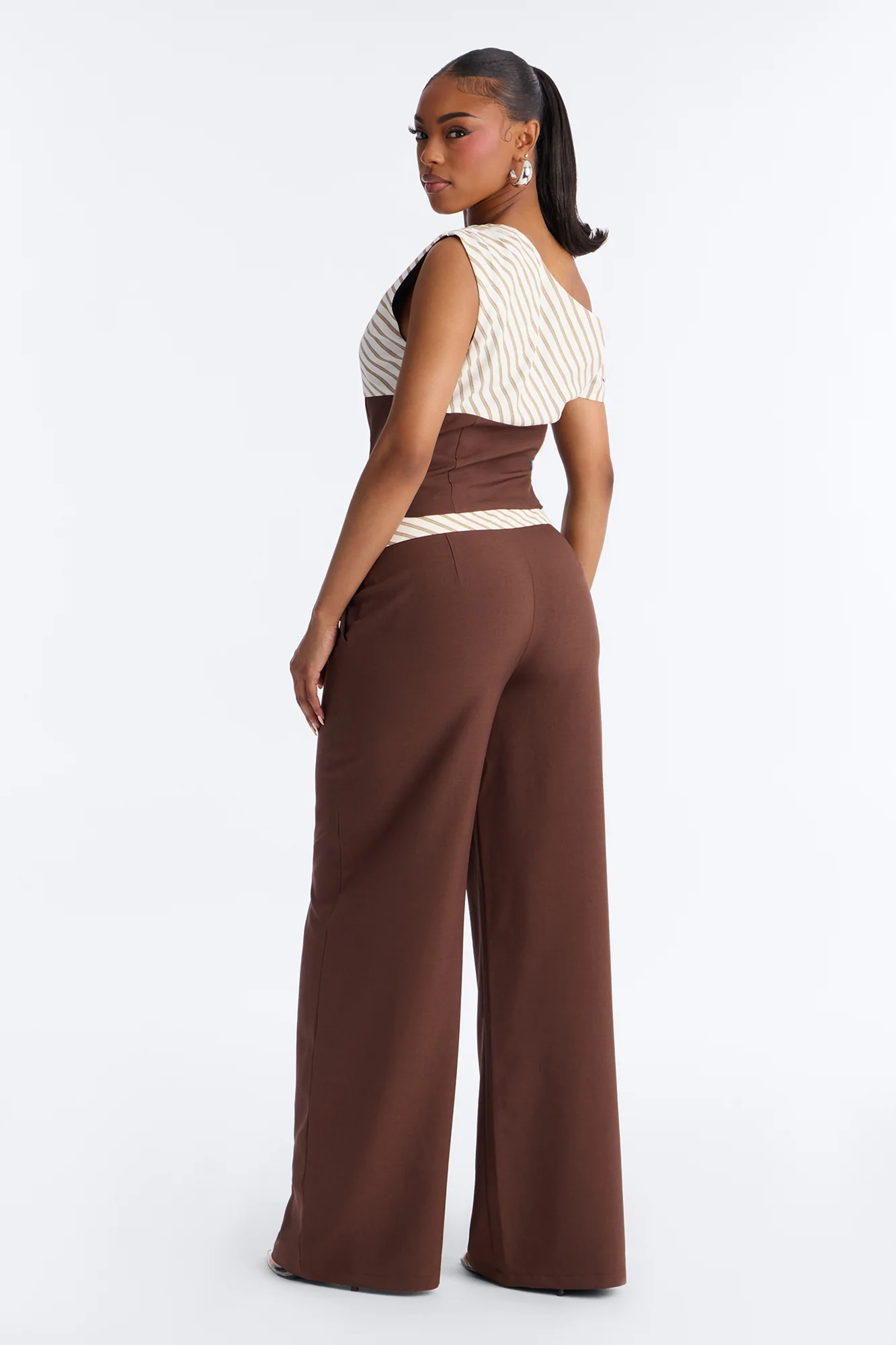 Georgia Striped Off The Shoulder Pant Set - Brown - Image 4