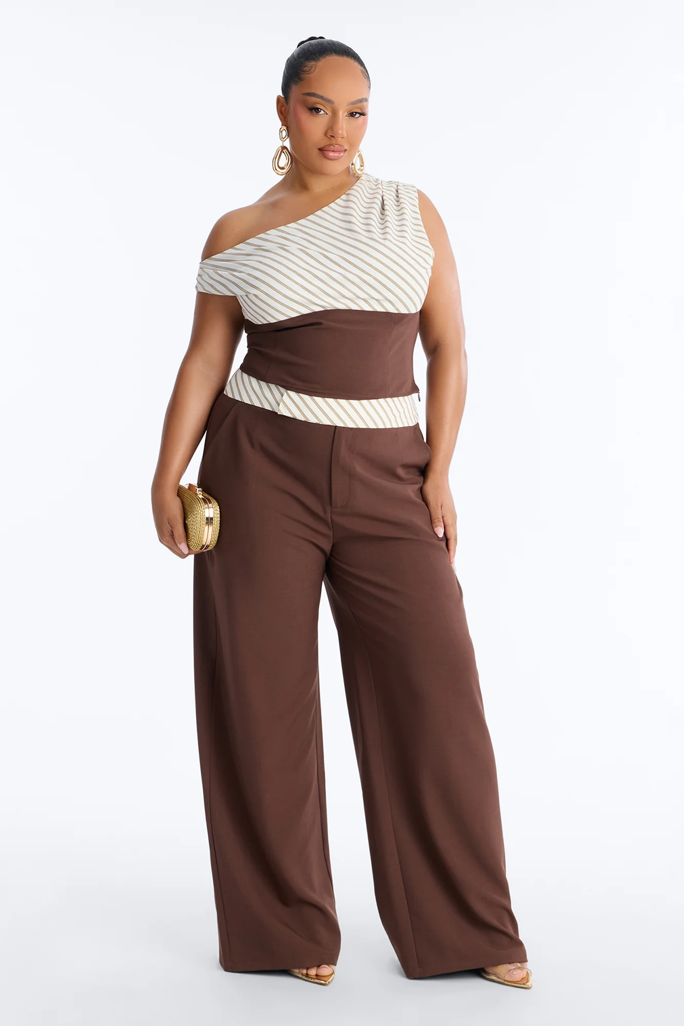 Georgia Striped Off The Shoulder Pant Set - Brown - Image 5