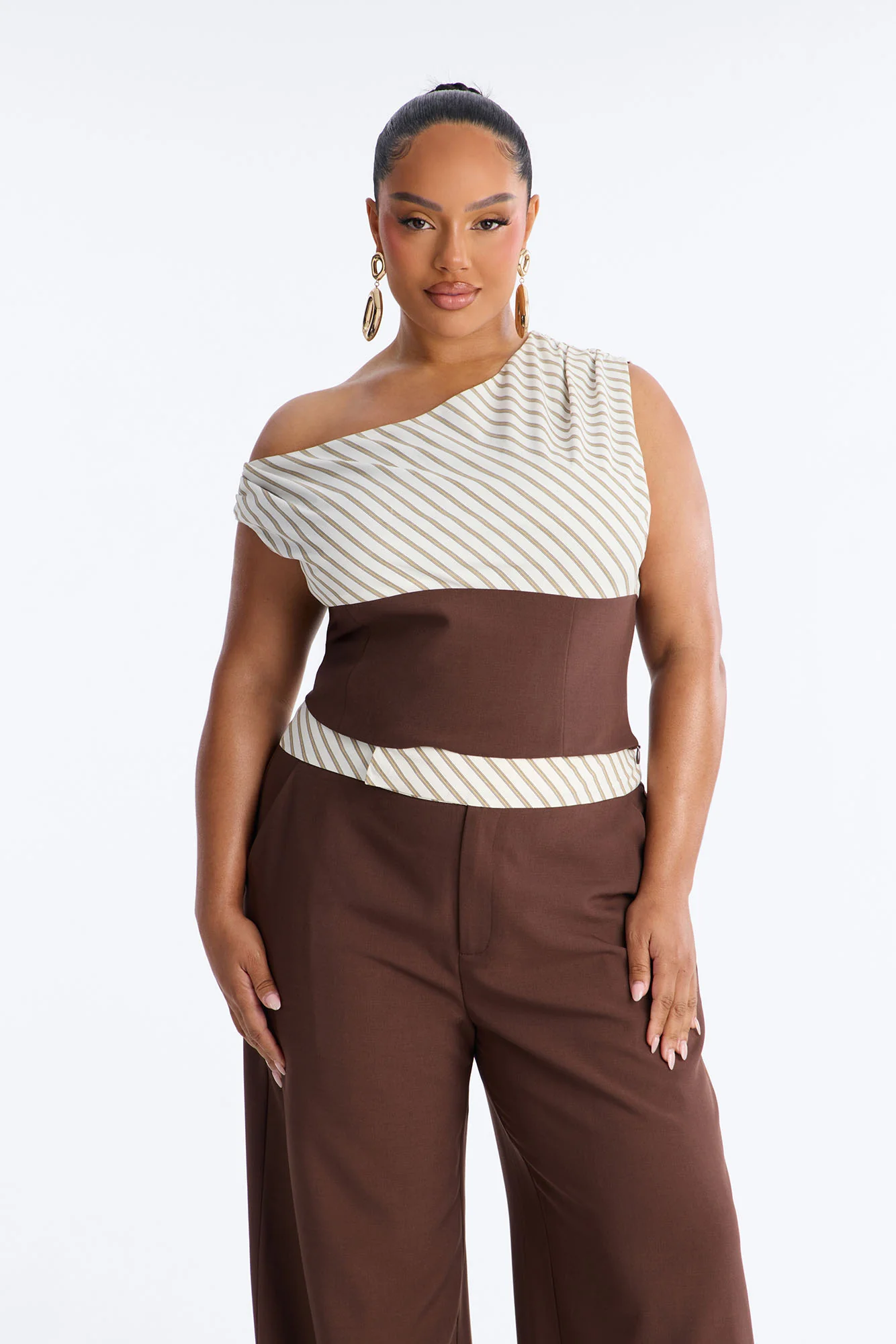 Georgia Striped Off The Shoulder Pant Set - Brown - Image 6