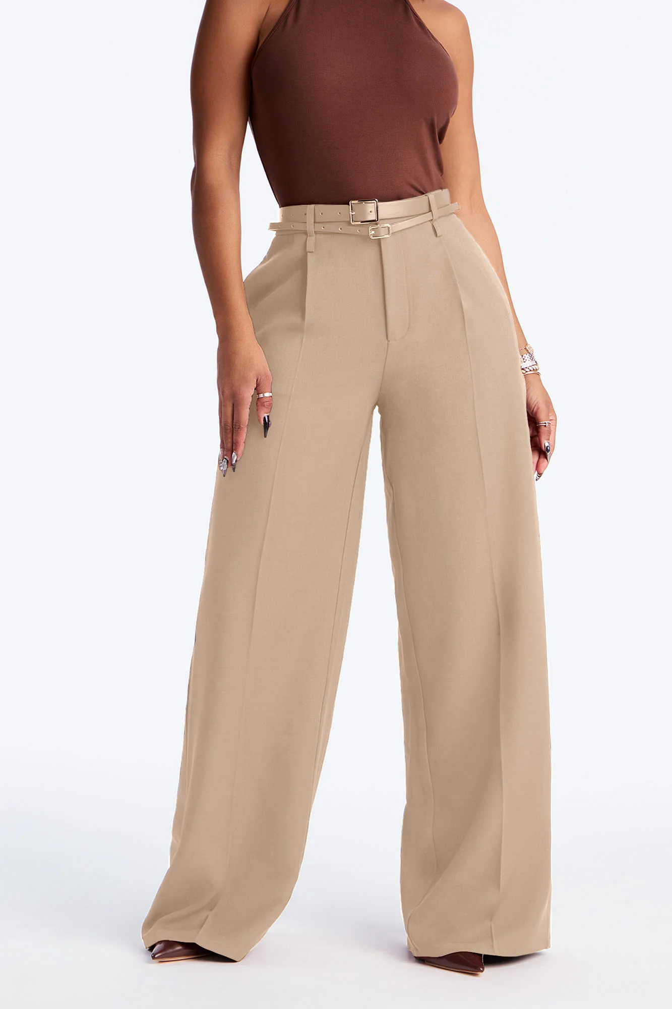 Geraldine Belted Wide Leg Trousers 33″ - Camel - Image 2