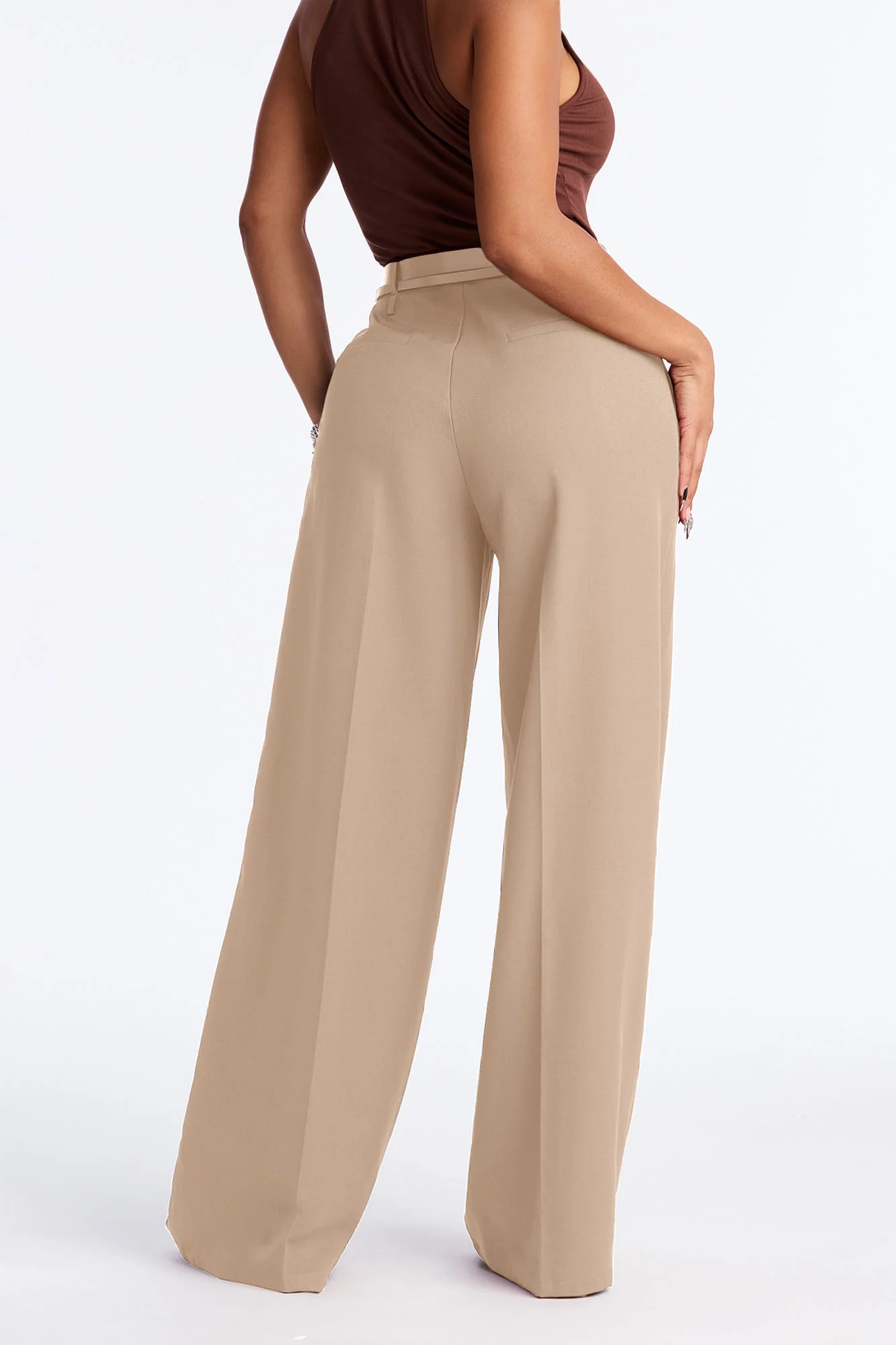 Geraldine Belted Wide Leg Trousers 33″ - Camel - Image 4