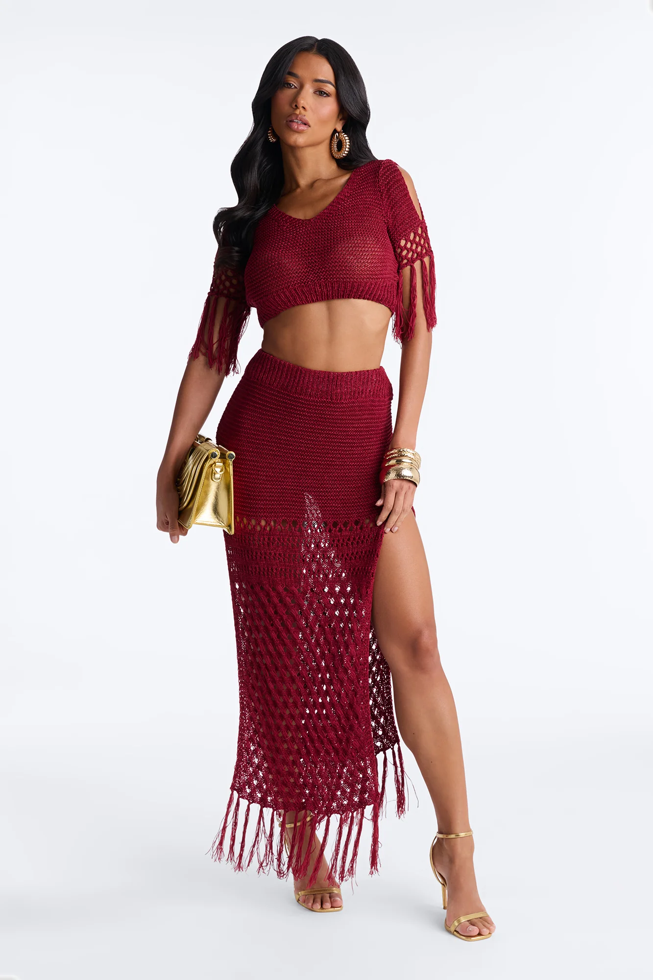 Get Away With It Crochet Skirt Set - Wine