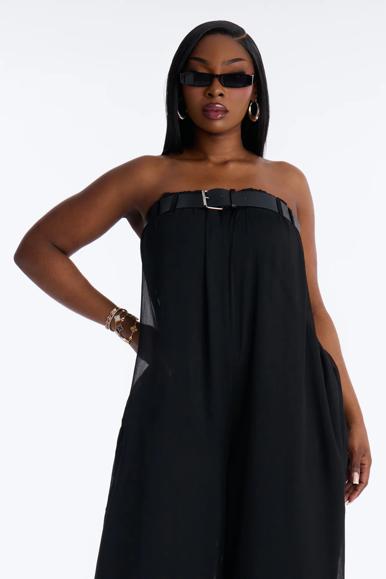 Gia Chiffon Belted Wide Leg Jumpsuit - Black - Image 5