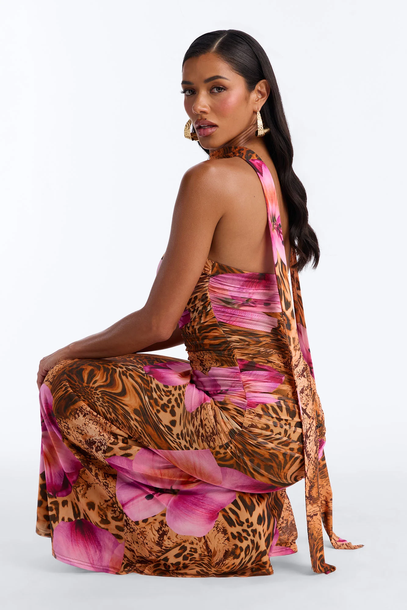Gianna Ruched Mesh Maxi Dress - Brown/combo - Image 4