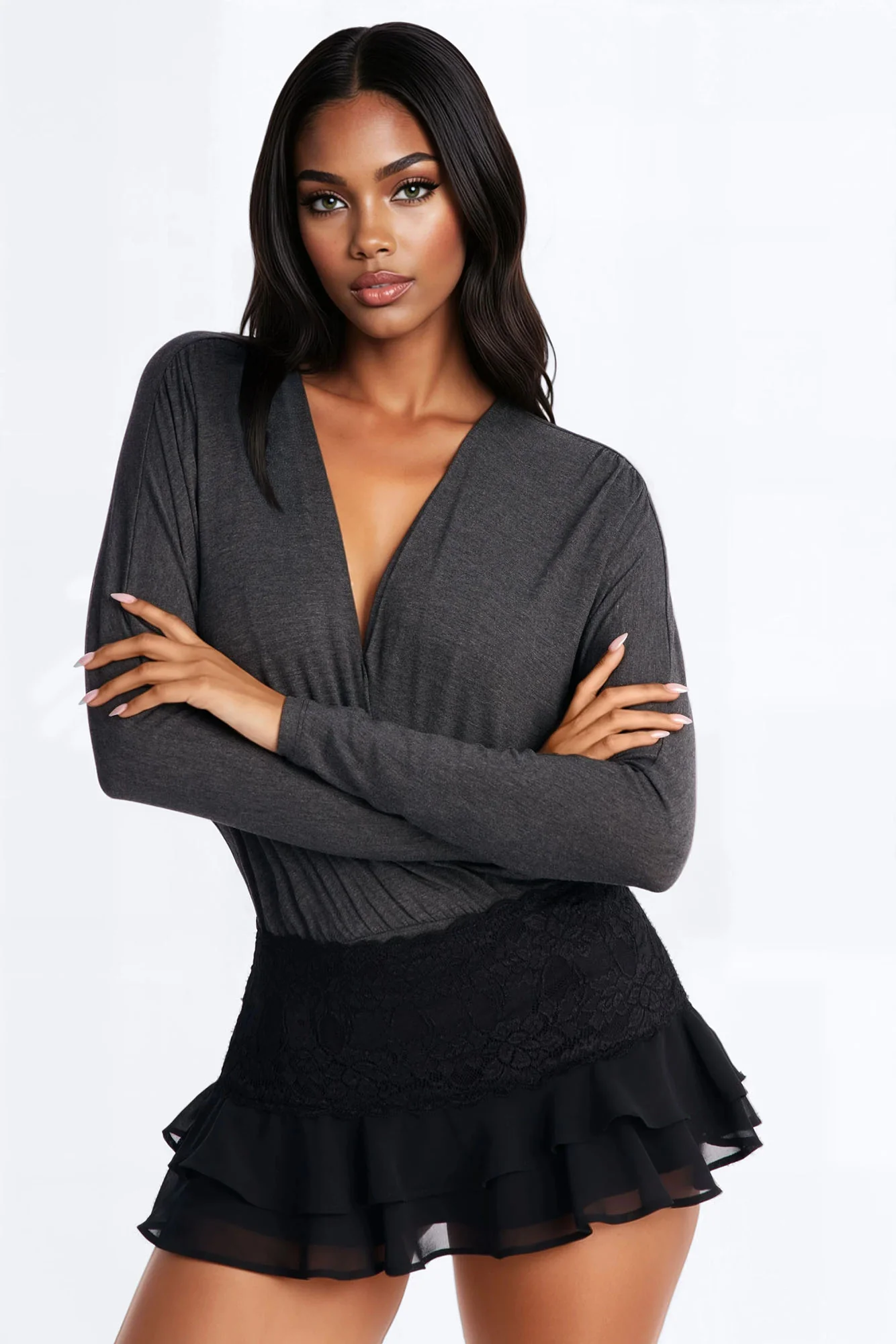 Gianna Surplice Neck Bodysuit - Charcoal - Image 3
