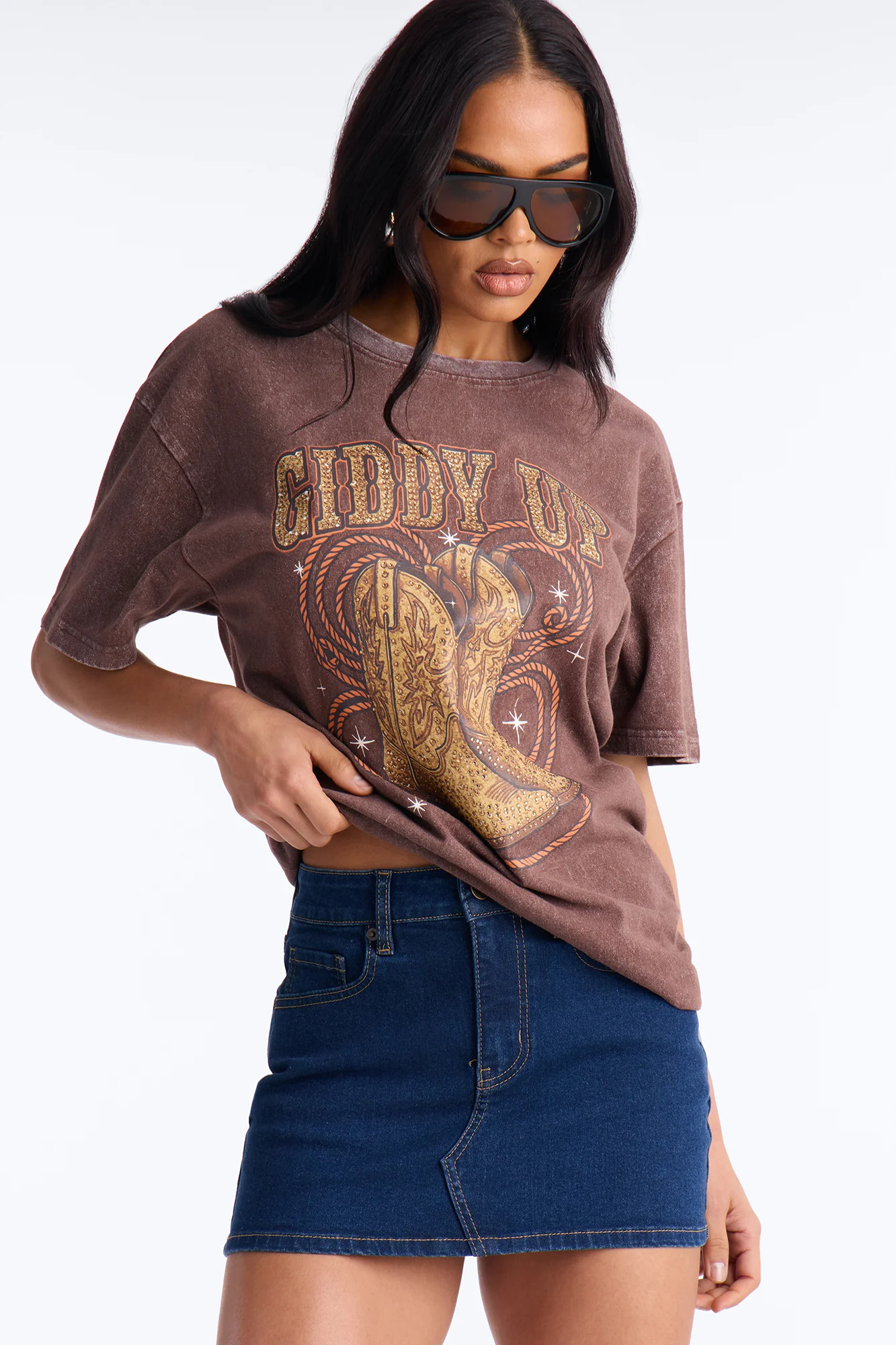 Giddy Up Boots Washed Tee With Rhinestones - Dark Brown