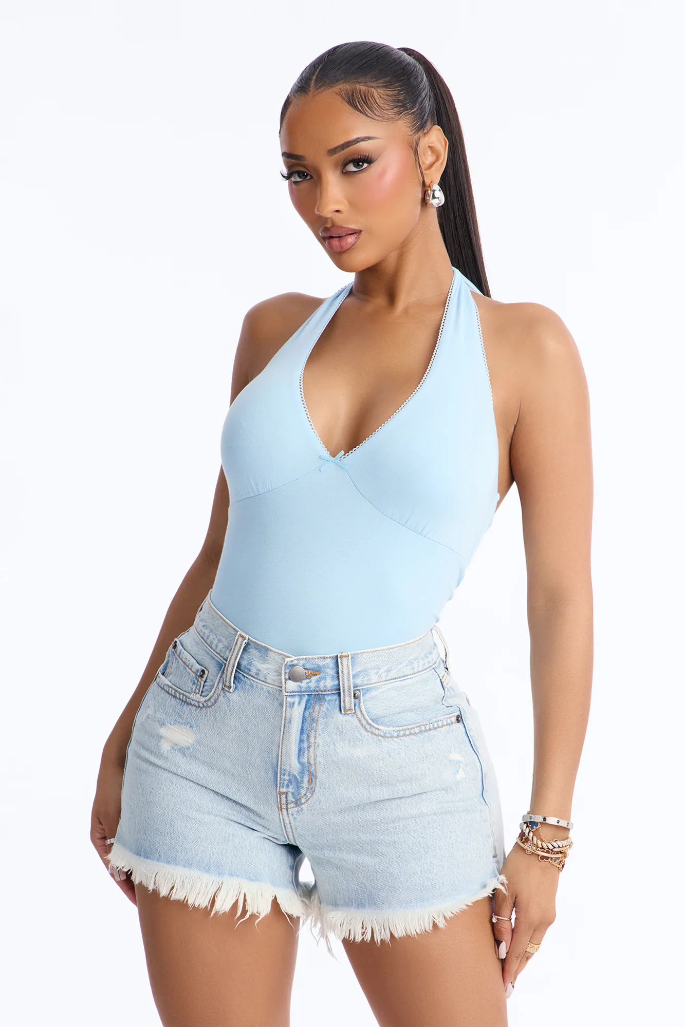 Gigi Double Lined V Neck Halter Top - Blue