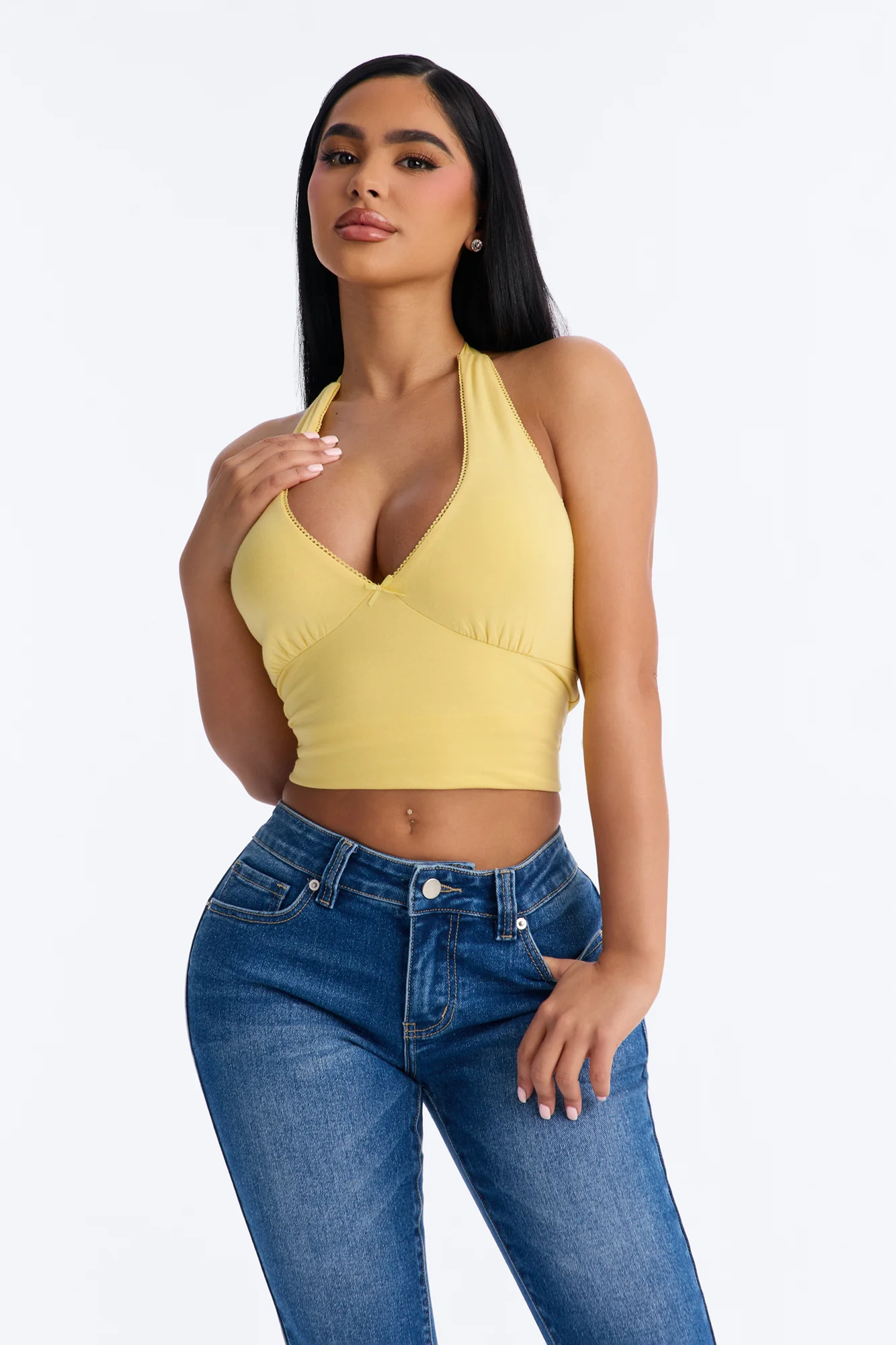 Gigi Double Lined V Neck Halter Top - Butter Yellow