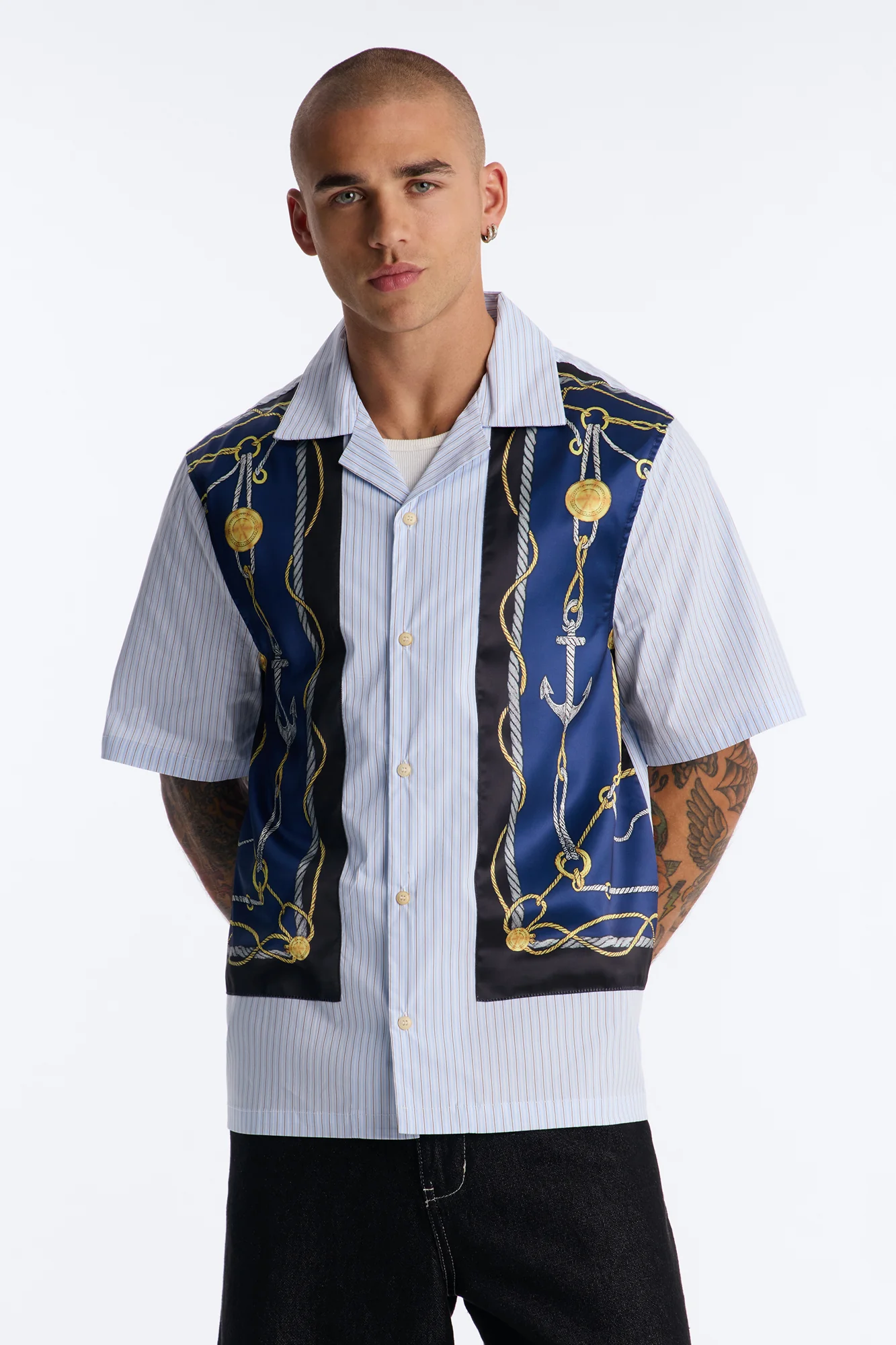 Gilded Anchor Cuban Collar Button Up Shirt - Blue/combo