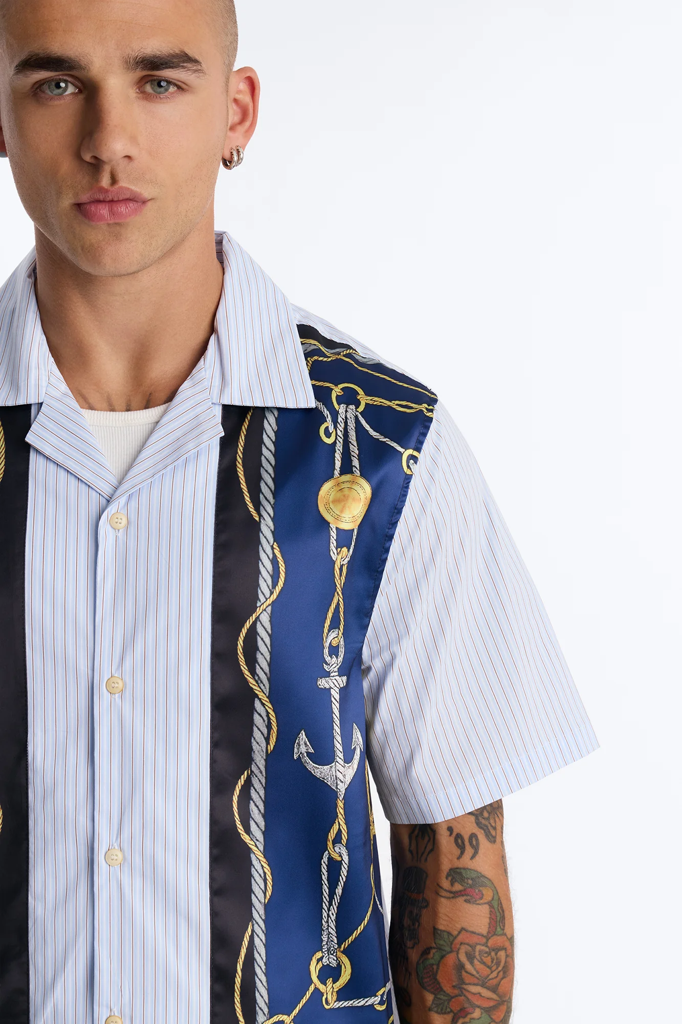 Gilded Anchor Cuban Collar Button Up Shirt - Blue/combo - Image 3