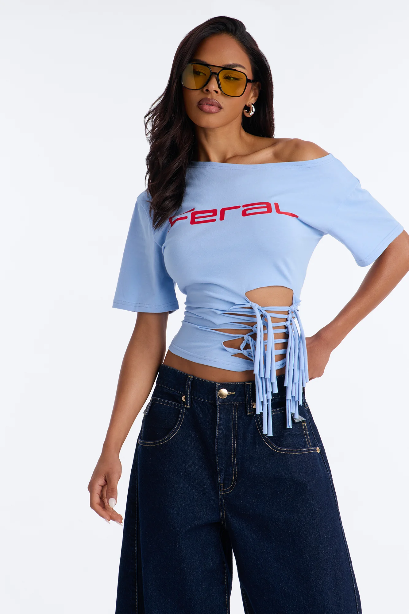 Girl Gone Feral Off Shoulder Tee - Light Blue